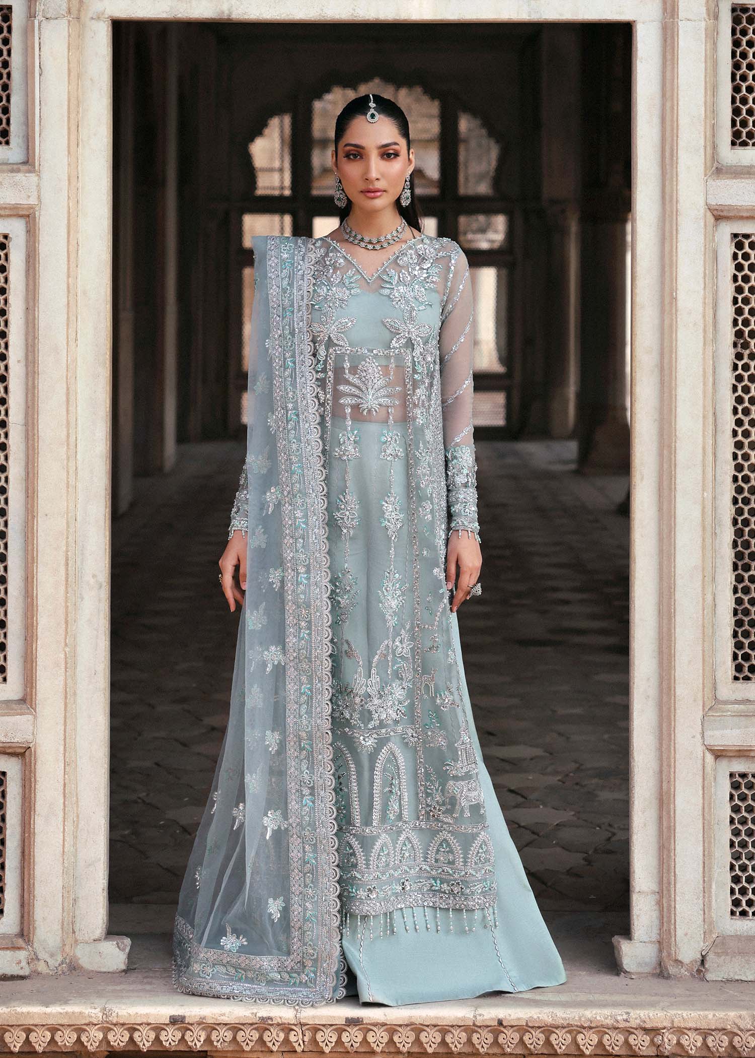 Women Wearing Mahrosh Ice Blue Long Shirt For Luxury Formals Events - Pakistani Designer Wear For Women In UK | Kifat