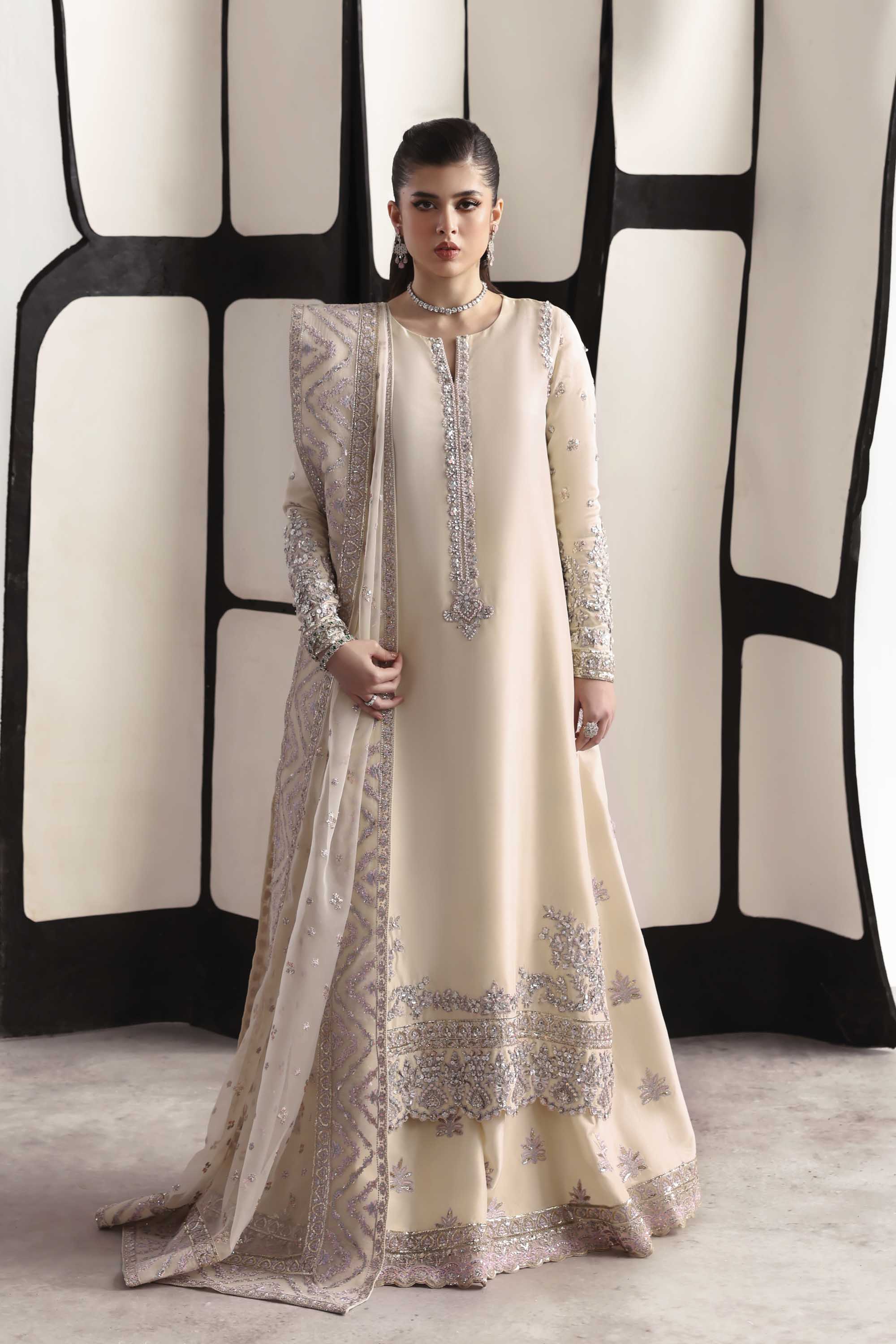 Women Wearing Raue Cream Long Shirt For Luxury Formals Events - Pakistani Designer Wear For Women In UK | Kifat