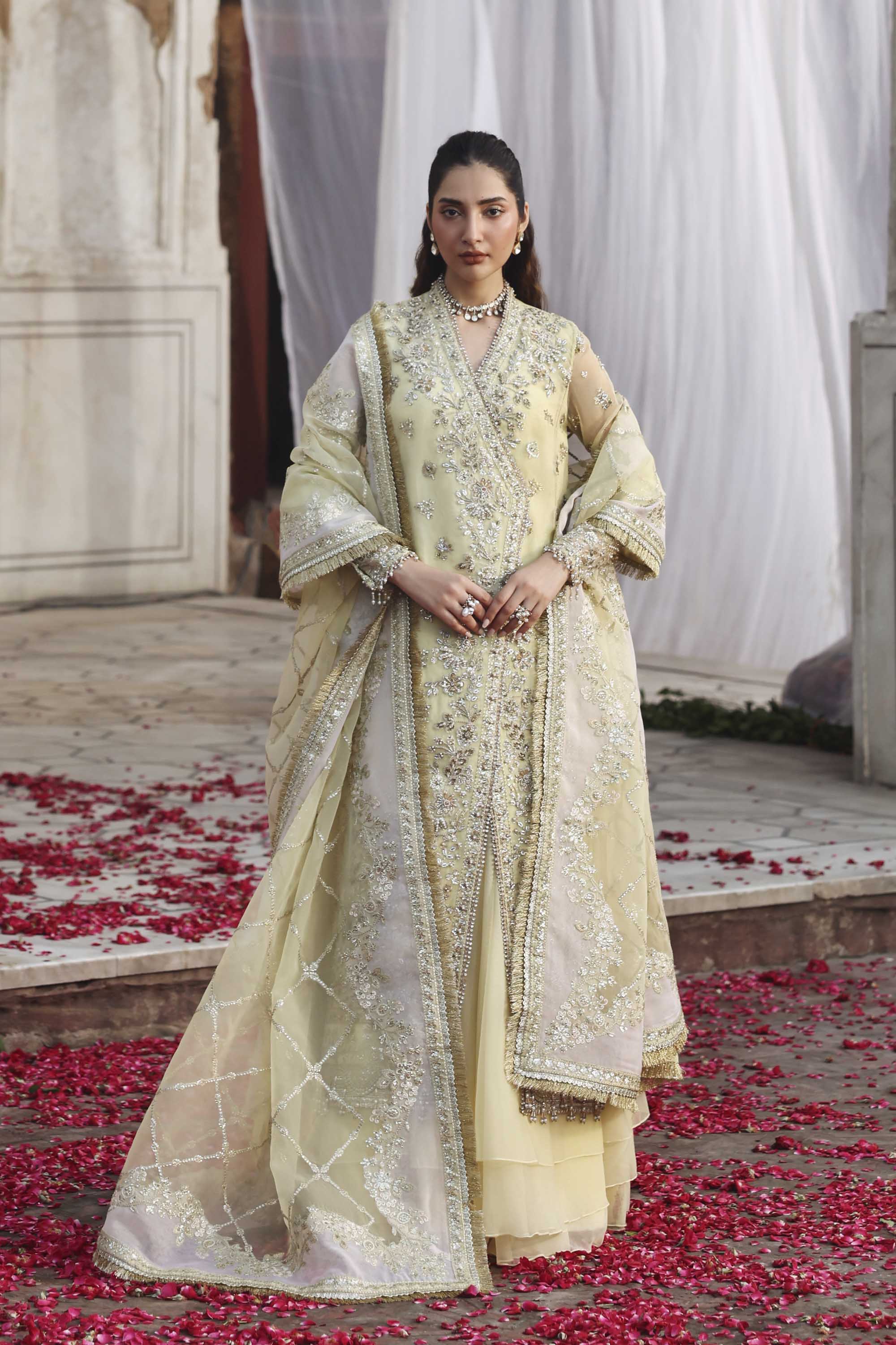 Women Wearing Mehro Yellow Front Open Shirt For Formals Events - Pakistani Designer Wear For Women In UK | Kifat