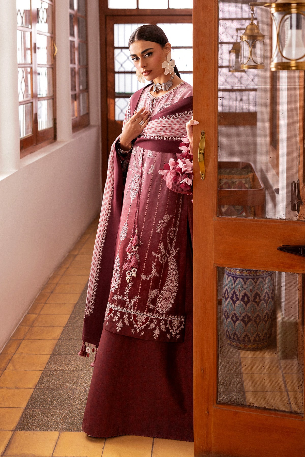 Women Wearing Embroidered Luxury Lawn SL26-D08 Pink Brown Long Shirt for Festive Events - Pakistani Designer Wear for Women in UK | Kifat
