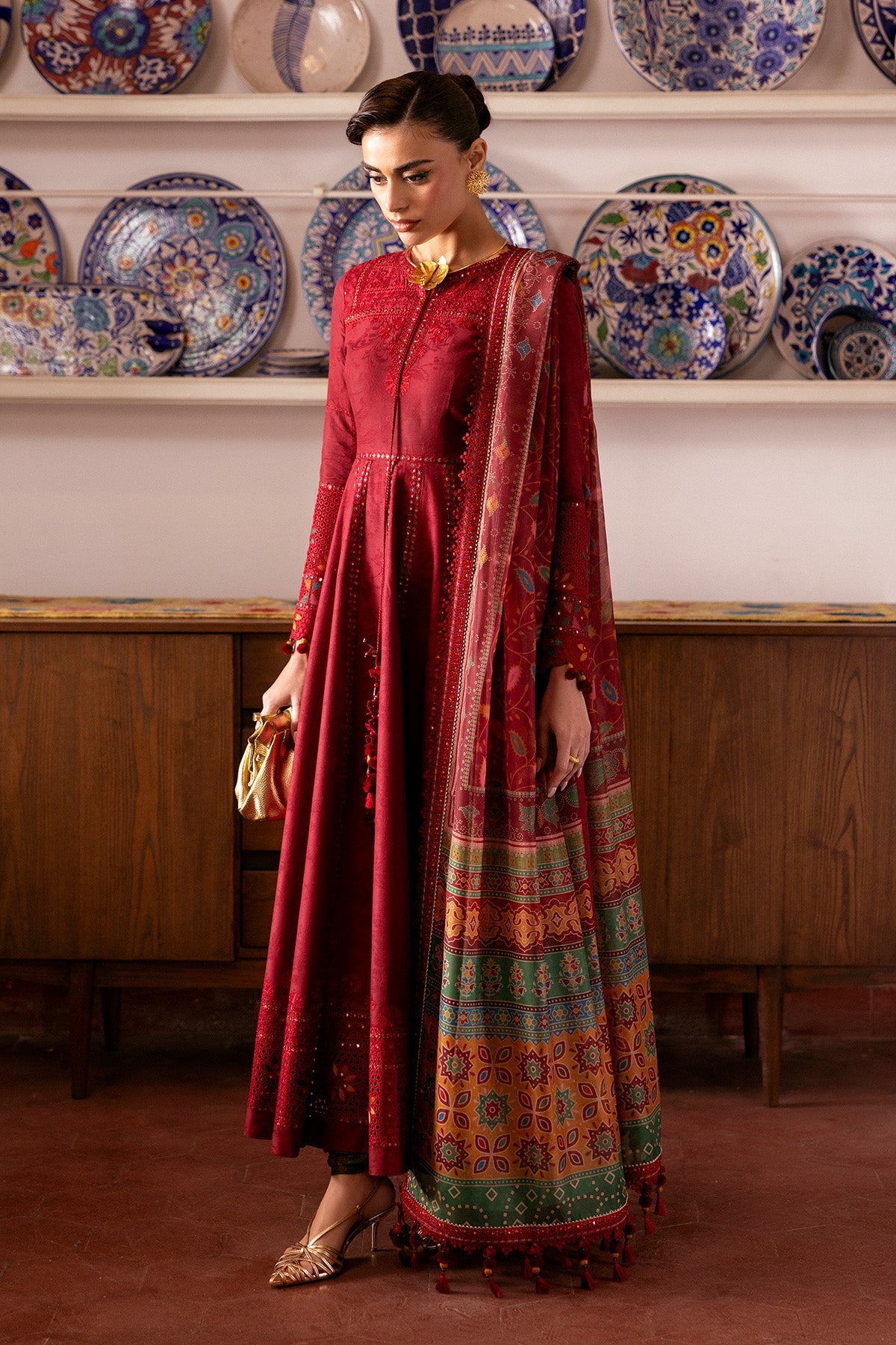 Women Wearing Embroidered Luxury Lawn SL26-D06 Rust Long Shirt for Festive Events - Pakistani Designer Wear for Women in UK | Kifat