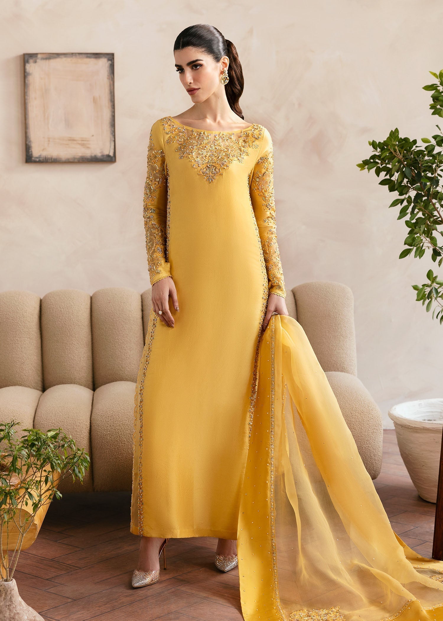 Kanwal Malik Yellow shirt with cigarette pants for Luxury Wedding wear - Pakistani Designer Wear for Women in UK | Kifat