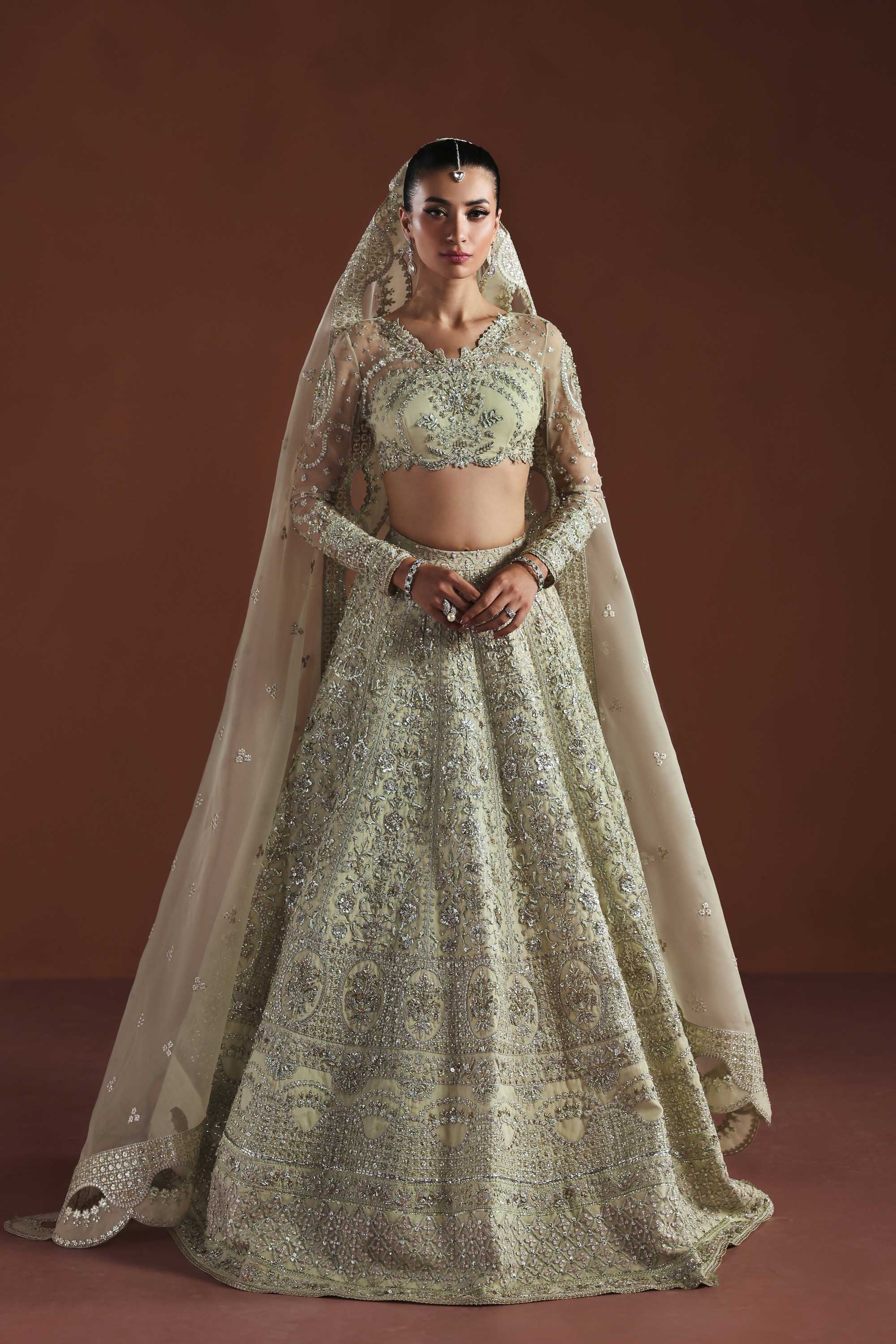 Women Wearing Fable Peach Mint Lehenga Choli For Luxury Formals Events - Pakistani Designer Wear For Women In UK | Kifat