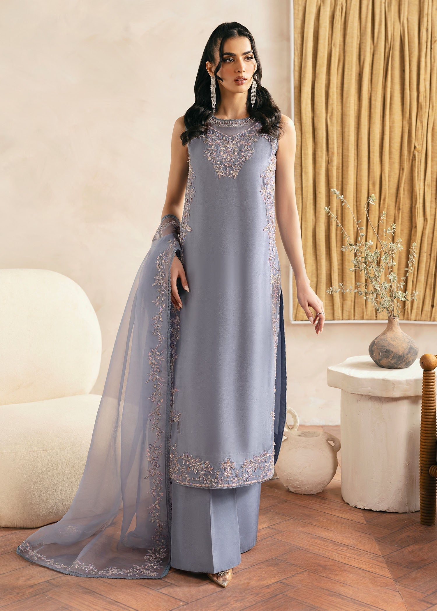Kanwal Malik Grey Shirt with flared trousers for Luxury Wedding wear - Pakistani Designer Wear for Women in UK | Kifat