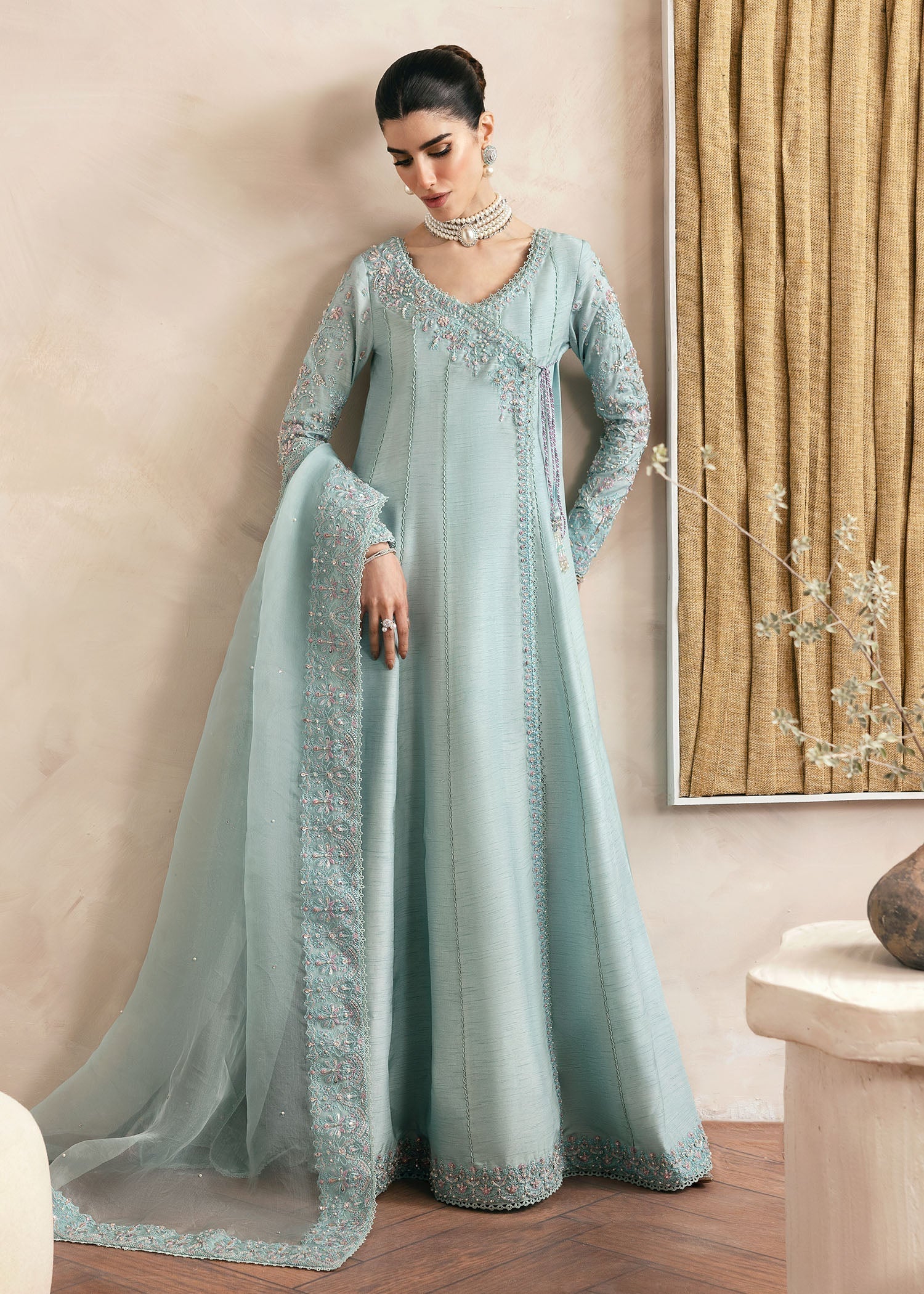 Kanwal Malik Powder Blue Angrakha with flowing culottes for Luxury Wedding wear - Pakistani Designer Wear for Women in UK | Kifat