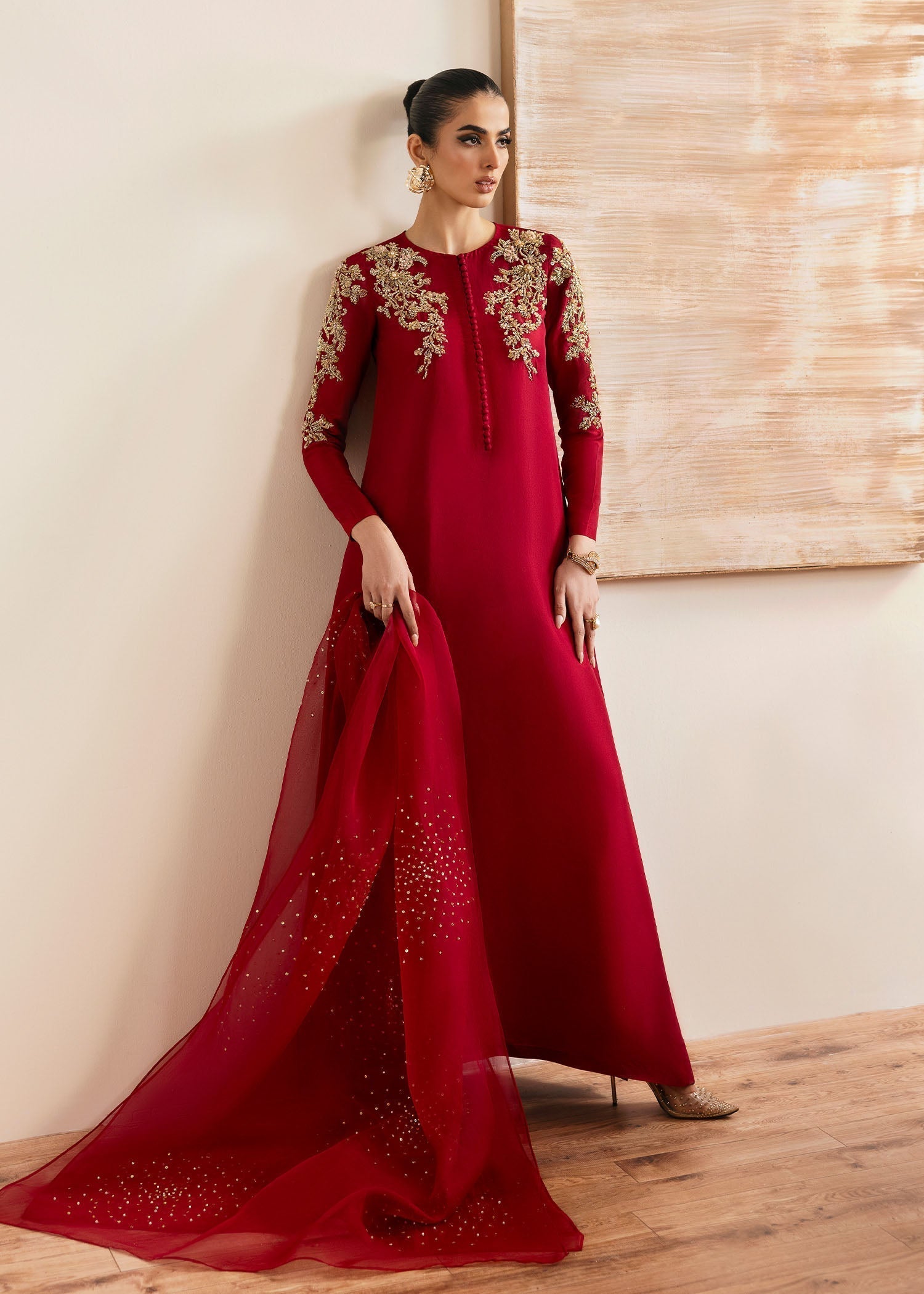 Kanwal Malik Red long shirt with trouser for Luxury Wedding wear - Pakistani Designer Wear for Women in UK | Kifat