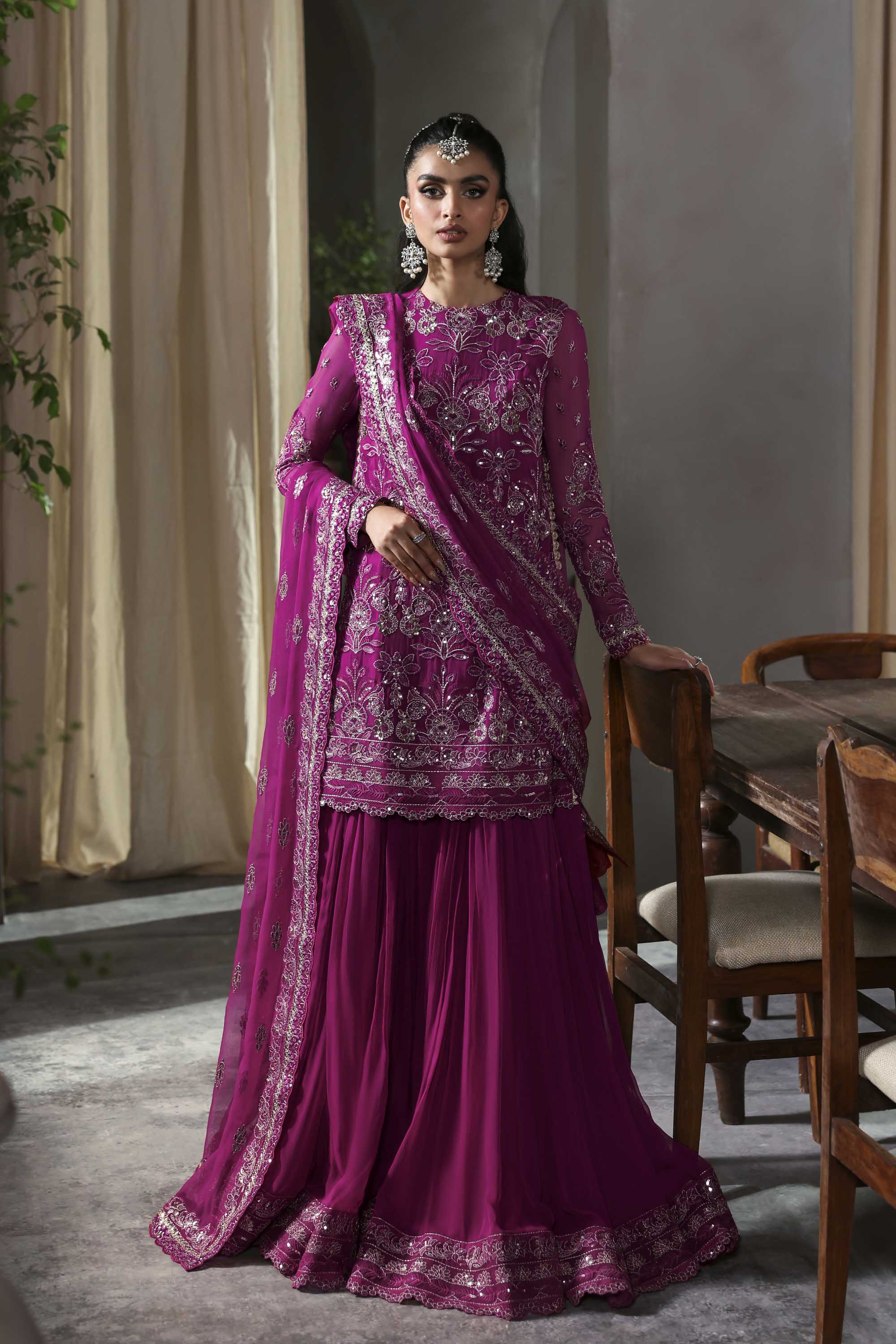 Women Wearing Mehzar Shocking Pink Shirt With Sharara For Formals Events - Pakistani Designer Wear For Women In UK | Kifat