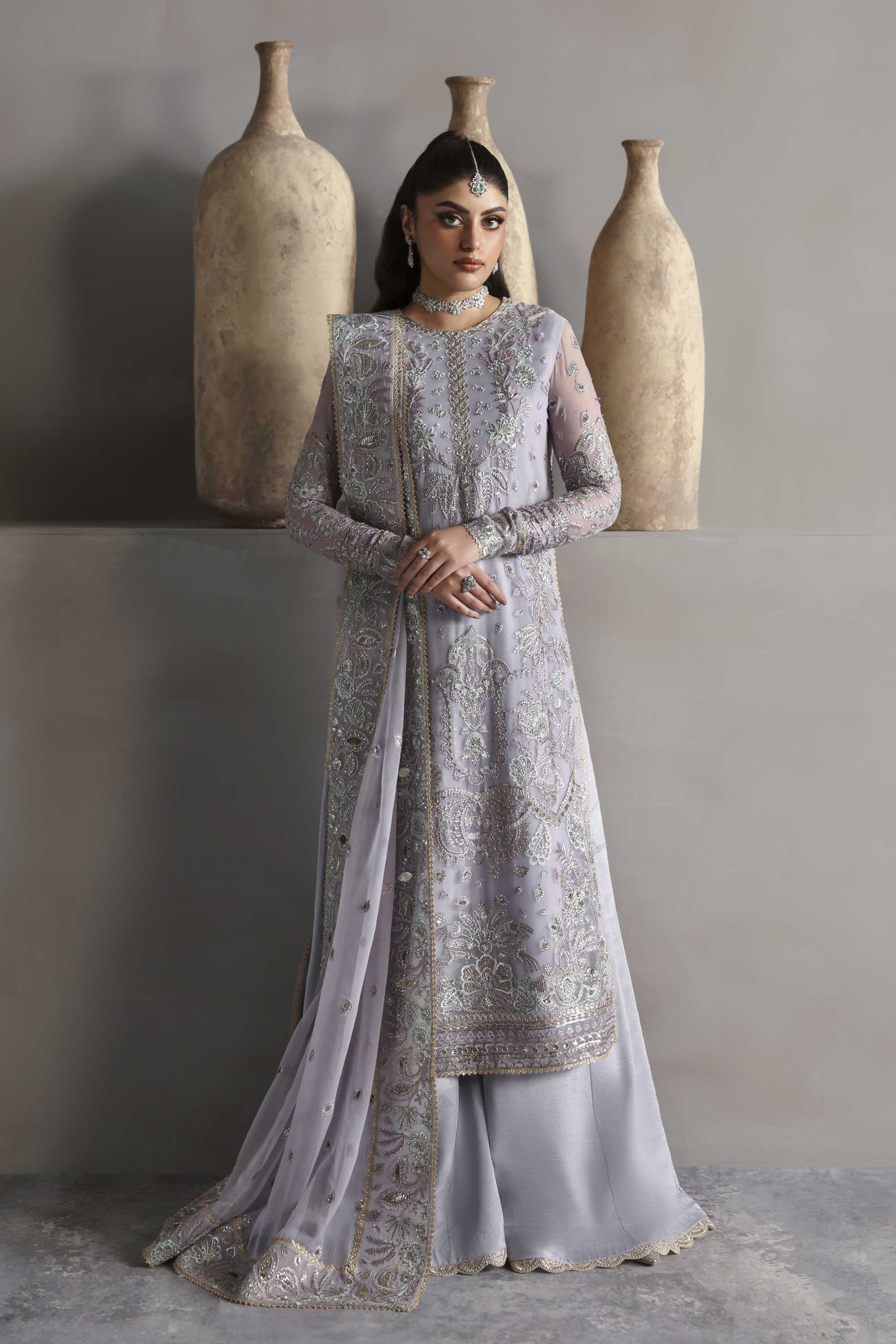 Women Wearing Emeraya Lavender Long Shirt For Formals Events - Pakistani Designer Wear For Women In UK | Kifat