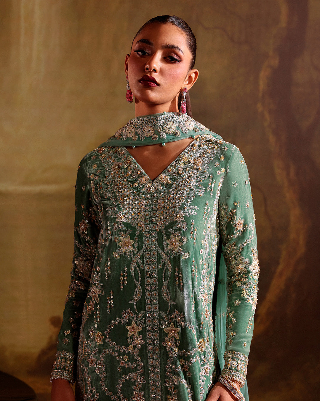Model Wearing Faiza Saqlain Lexine Dusty Jade Shirt with Trouser for wedding wear - Pakistani Designer Wear for Women in UK | Kifat