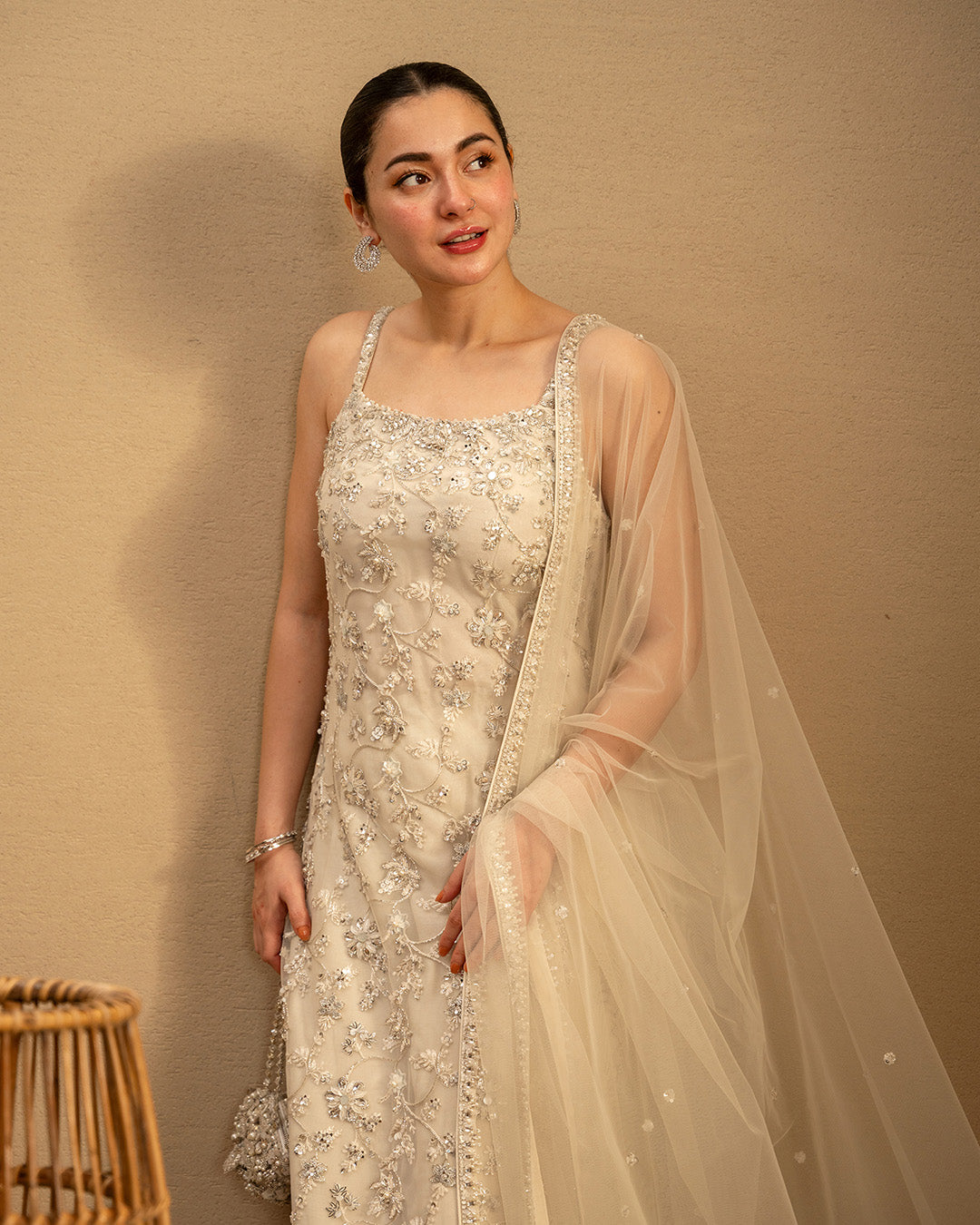 Model wearing Faiza Saqlain Penina Off-White Shirt with Culottes for Ladies wear - Pakistani Designer Wear for Women in UK | Kifat