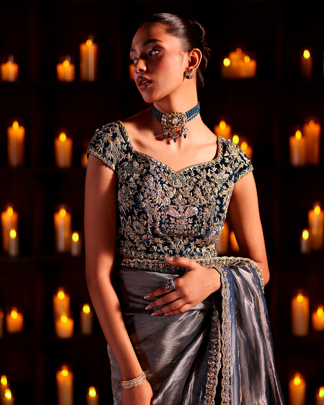 Model Wearing Faiza Saqlain Lenita steel blue hue Saree for wedding wear - Pakistani Designer Wear for Women in UK | Kifat