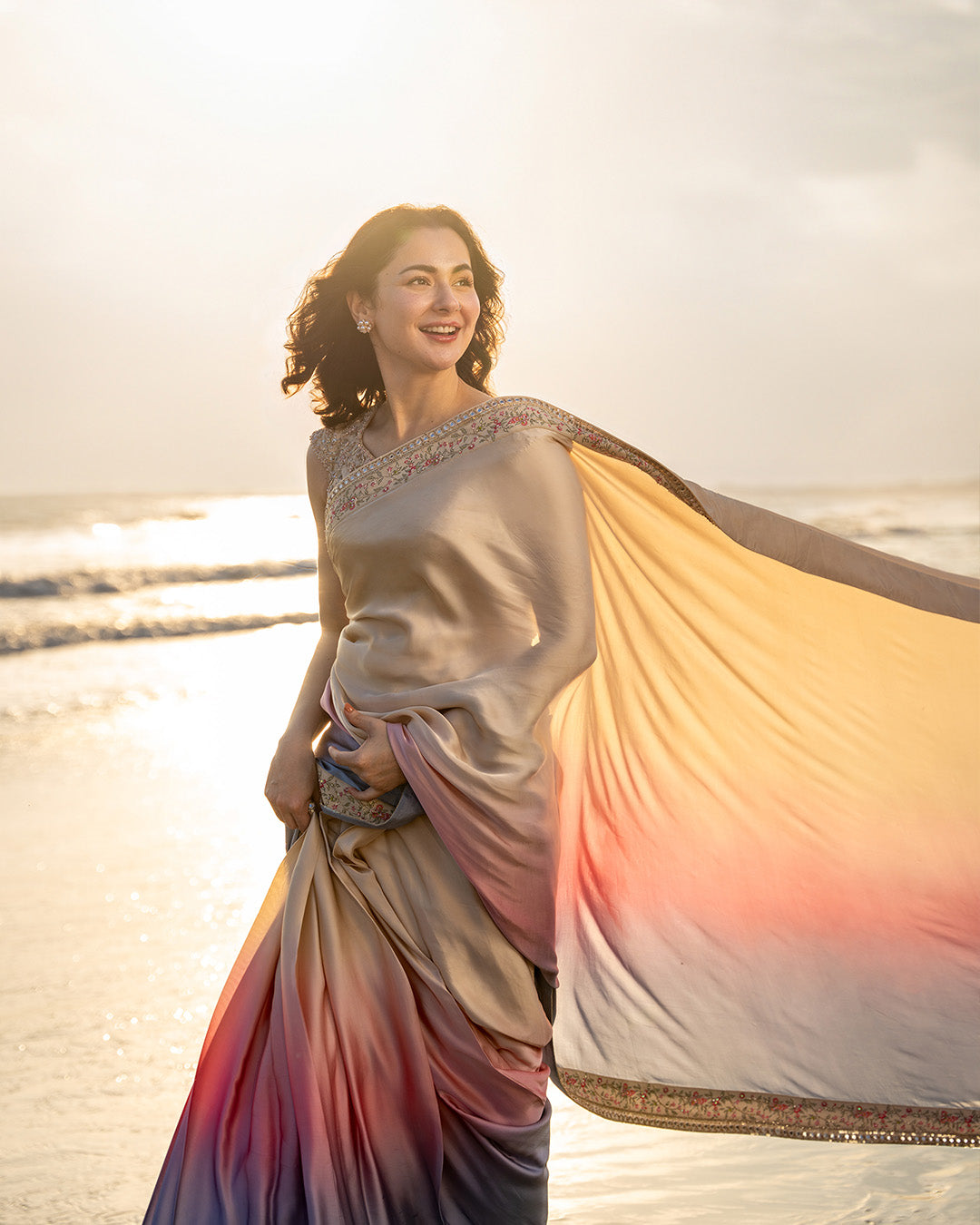 Model Wearing Faiza Saqlain Lena Cream and Ombre Saree for Ladies wear - Pakistani Designer Wear for Women in UK | Kifat
