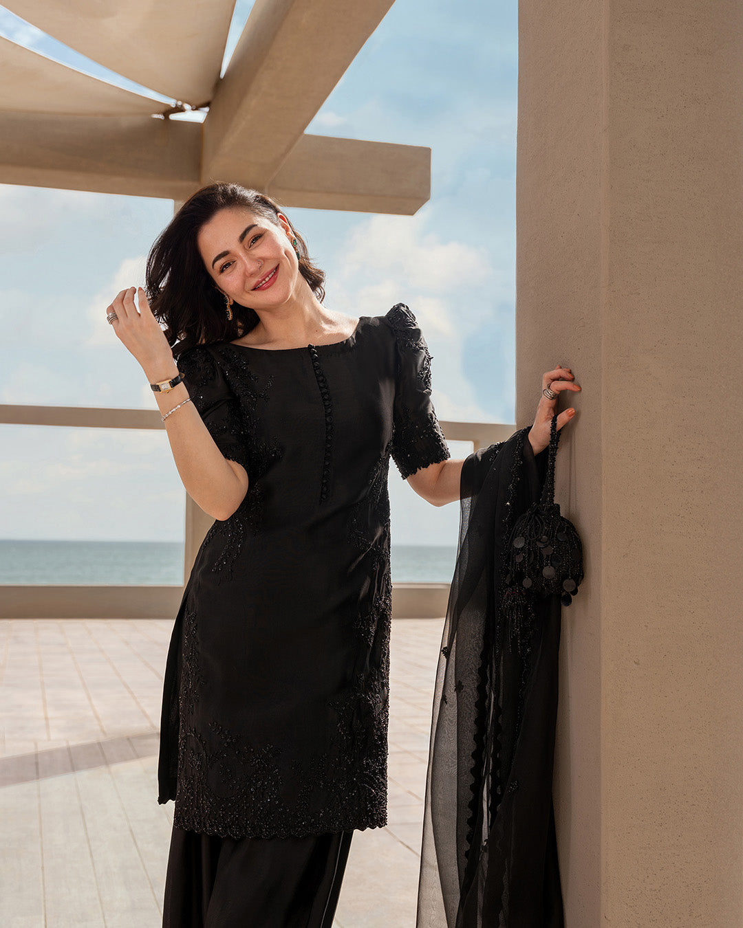 Model Wearing Faiza Saqlain Temirah Black Shirt with Shalwar for Ladies wear - Pakistani Designer Wear for Women in UK | Kifat