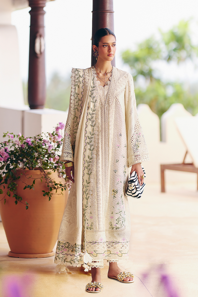 Model Wearing Suffuse by Sana Yasir AFRA Ivory front-open shirt with straight-cut pants for Casual Dress- Pakistani Designer wear for Women in UK | Kifat