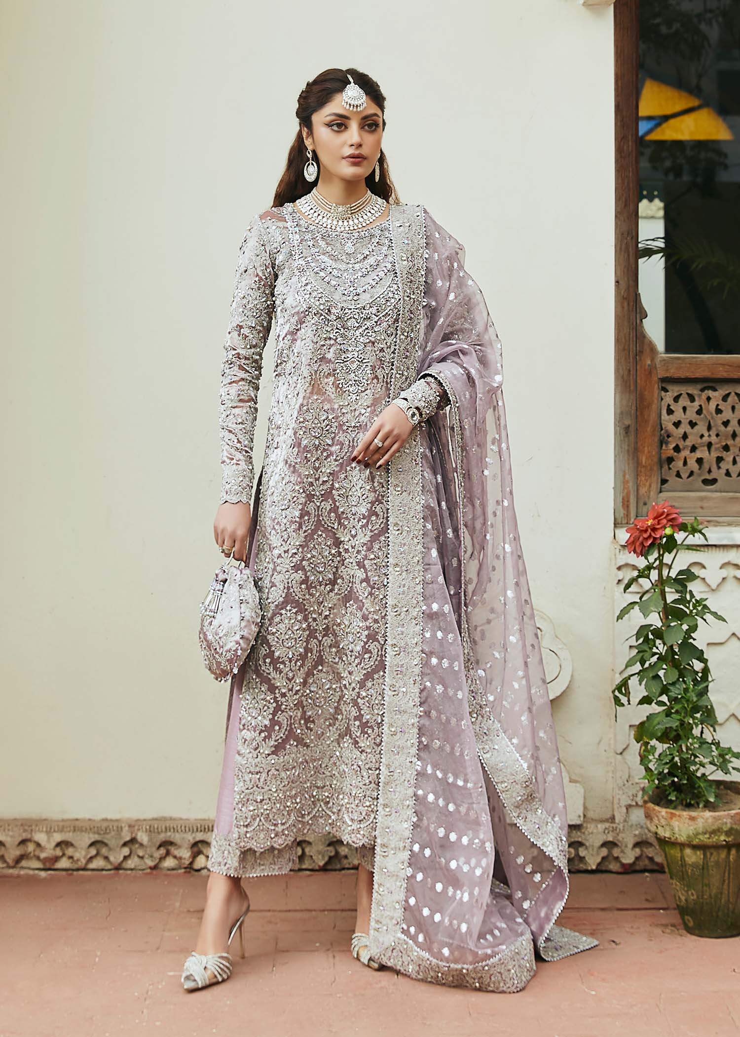 Kanwal Malik Lilac Silver Shirt with culottes pants for Luxury Wedding wear - Pakistani Designer Wear for Women in UK | Kifat