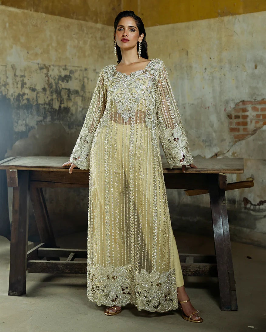 Women Wearing Marguerite Golden Long Shirt for Wedding Events - Pakistani Designer Wear for Women in UK | Kifat