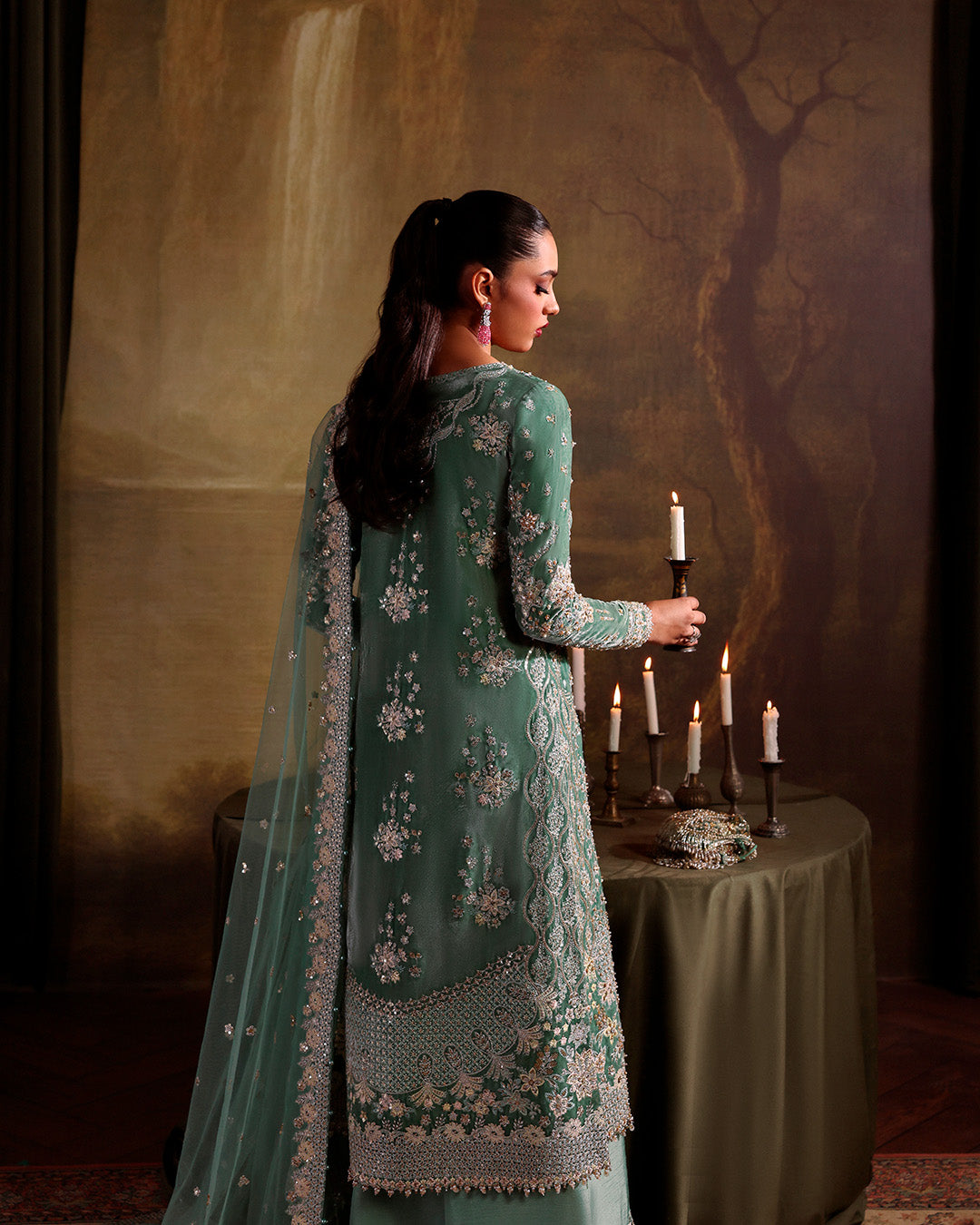 Model Wearing Faiza Saqlain Lexine Dusty Jade Shirt with Trouser for wedding wear - Pakistani Designer Wear for Women in UK | Kifat