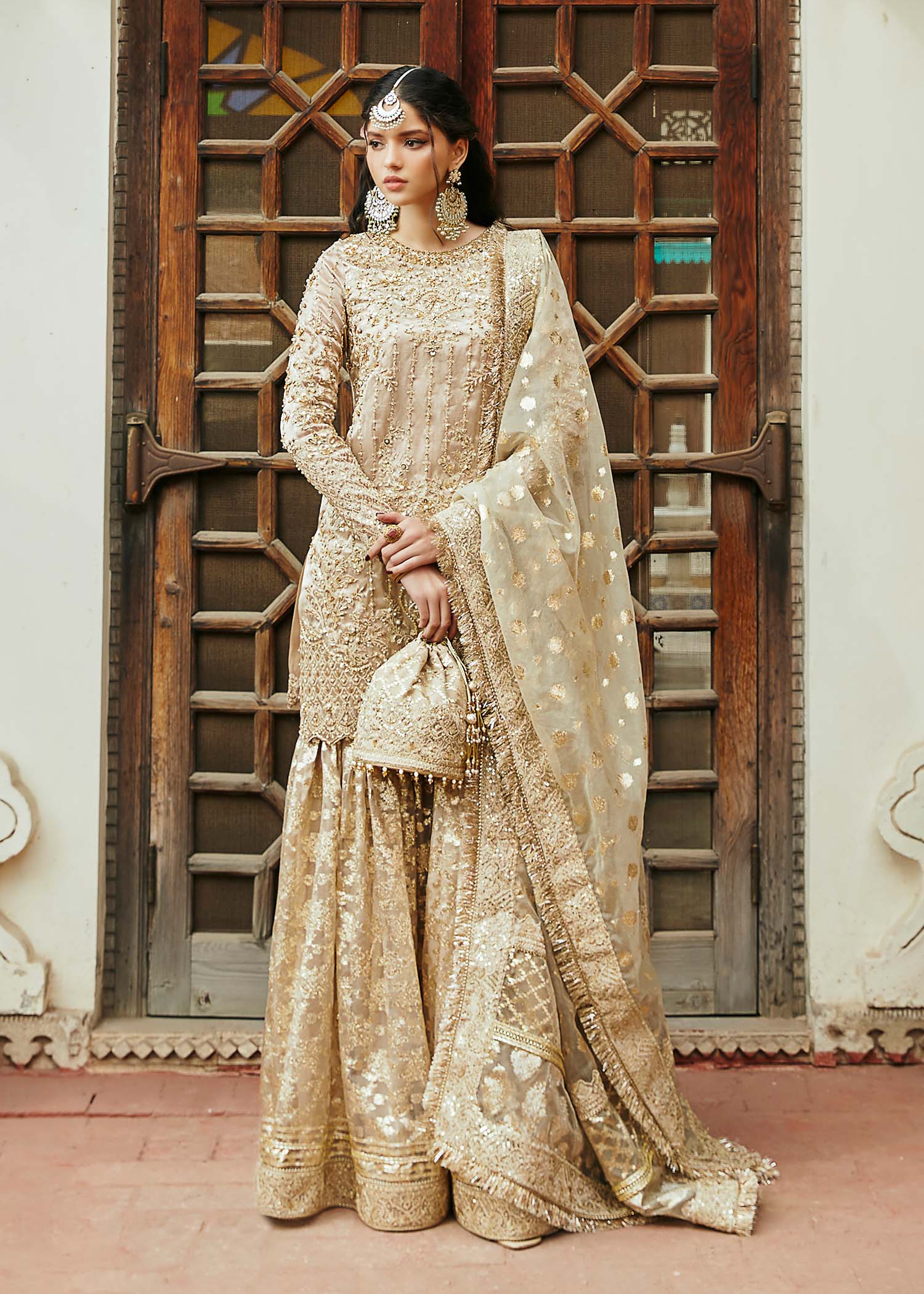 Kanwal Malik Gold Shirt with Gharara for Luxury Wedding wear - Pakistani Designer Wear for Women in UK | Kifat