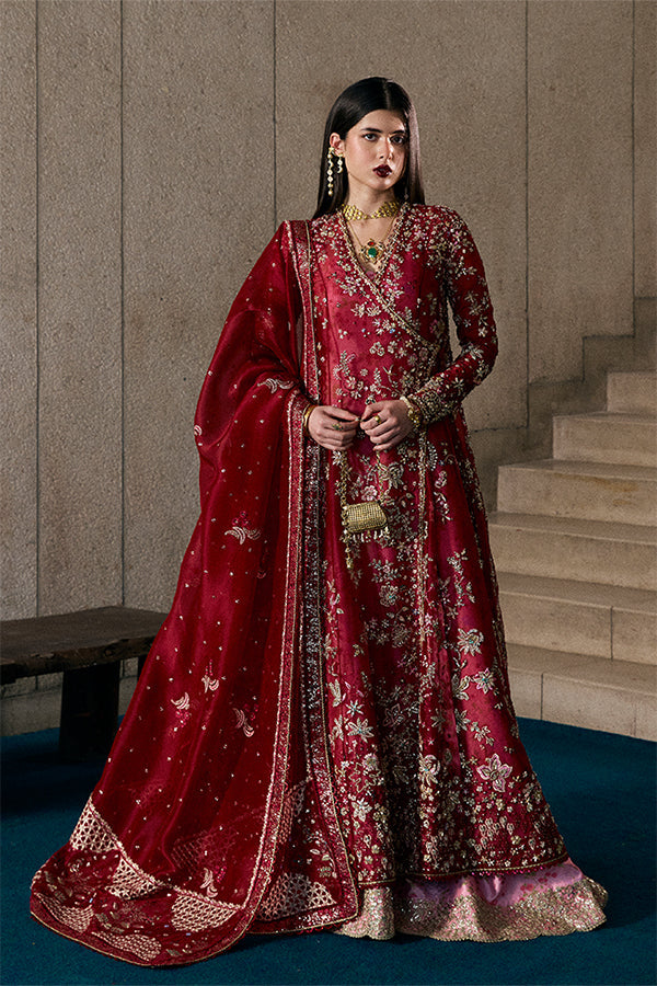 Model Wearing Suffuse by Sana Yasir Jaseria Wine Red Angrakha with Sharara Pants for Wedding Wear - Pakistani Designer wear for Women in UK | Kifat