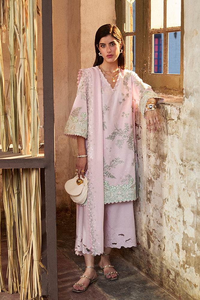 Model Wearing Suffuse by Sana Yasir SARIN Pastel Pink Short shirt with culottes for Casual Dress- Pakistani Designer wear for Women in UK | Kifat