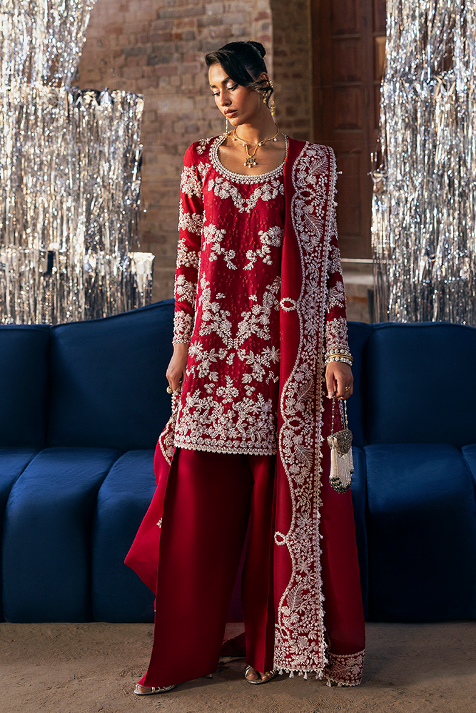 Model Wearing Suffuse by Sana Yasir SERI Cherry Red mid-length shirt with straight loose pants for Formal Events- Pakistani Designer wear for Women in UK | Kifat