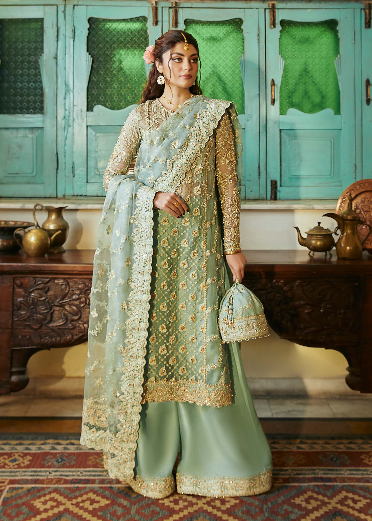 Kanwal Malik Sea Green Panel shirt with wide-legged silhouette for Luxury Wedding wear - Pakistani Designer Wear for Women in UK | Kifat