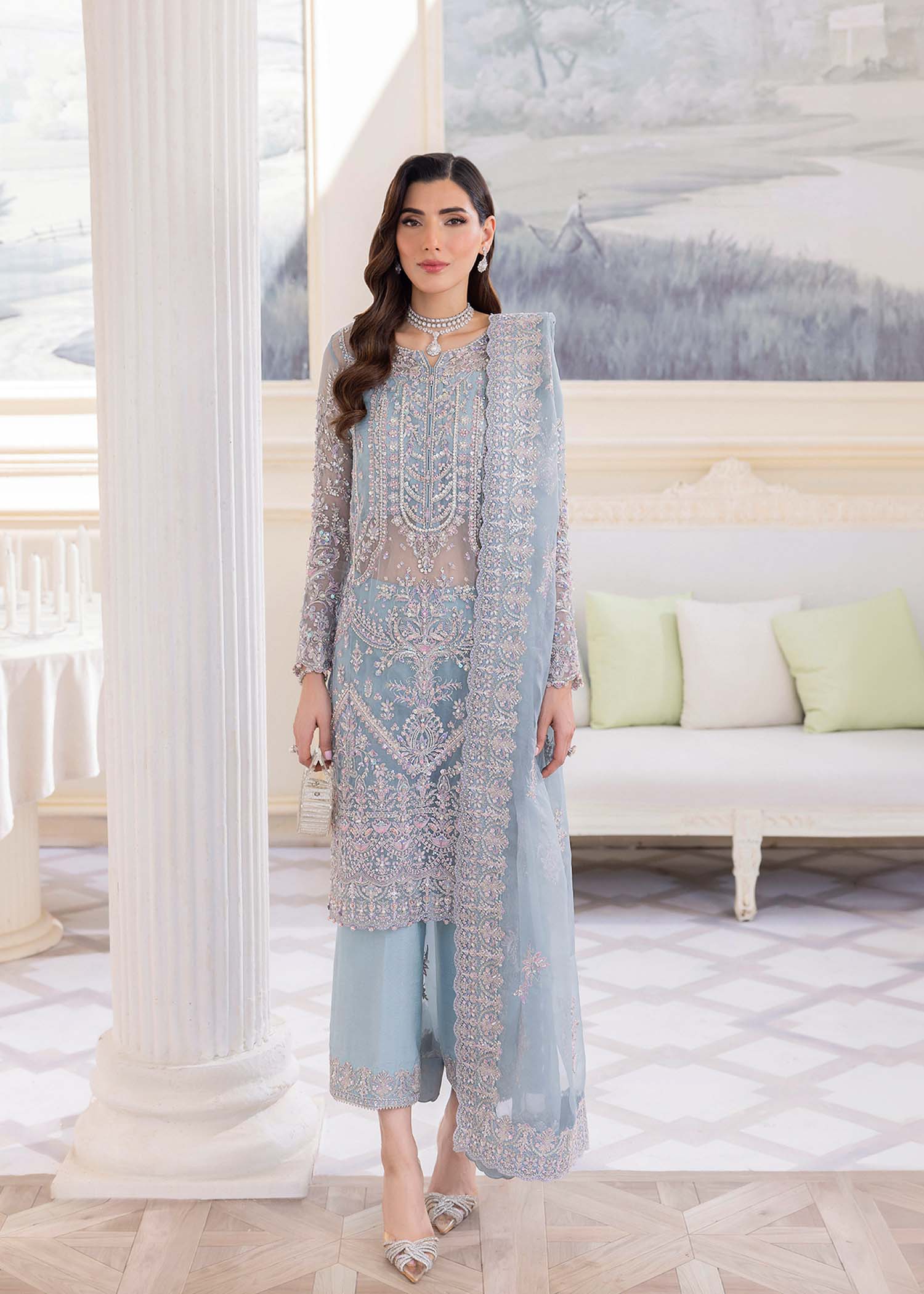 Kanwal Malik Ice Blue mid-length shirt with culottes pants for Luxury Wedding wear - Pakistani Designer Wear for Women in UK | Kifat