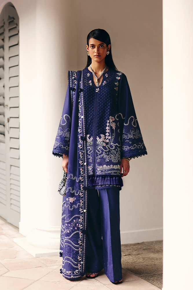 Model Wearing Suffuse by Sana Yasir SAHRA Midnight Blue front-open A-line shirt with pants for Casual Dress- Pakistani Designer wear for Women in UK | Kifat