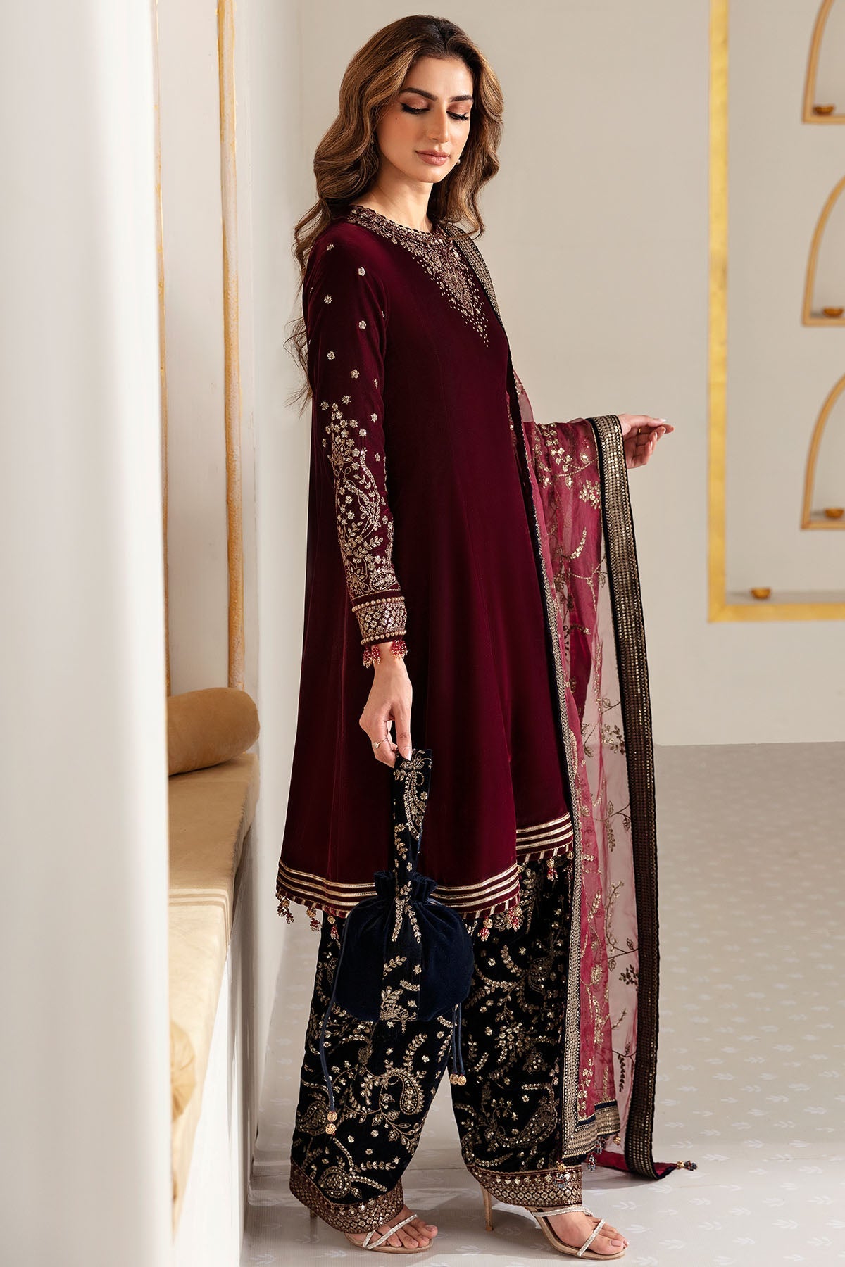 Women Wearing Embroidered Velvet Formal VF-2018 Maroon Short Shirt for Wedding Events - Pakistani Designer Wear for Women in UK | Kifat