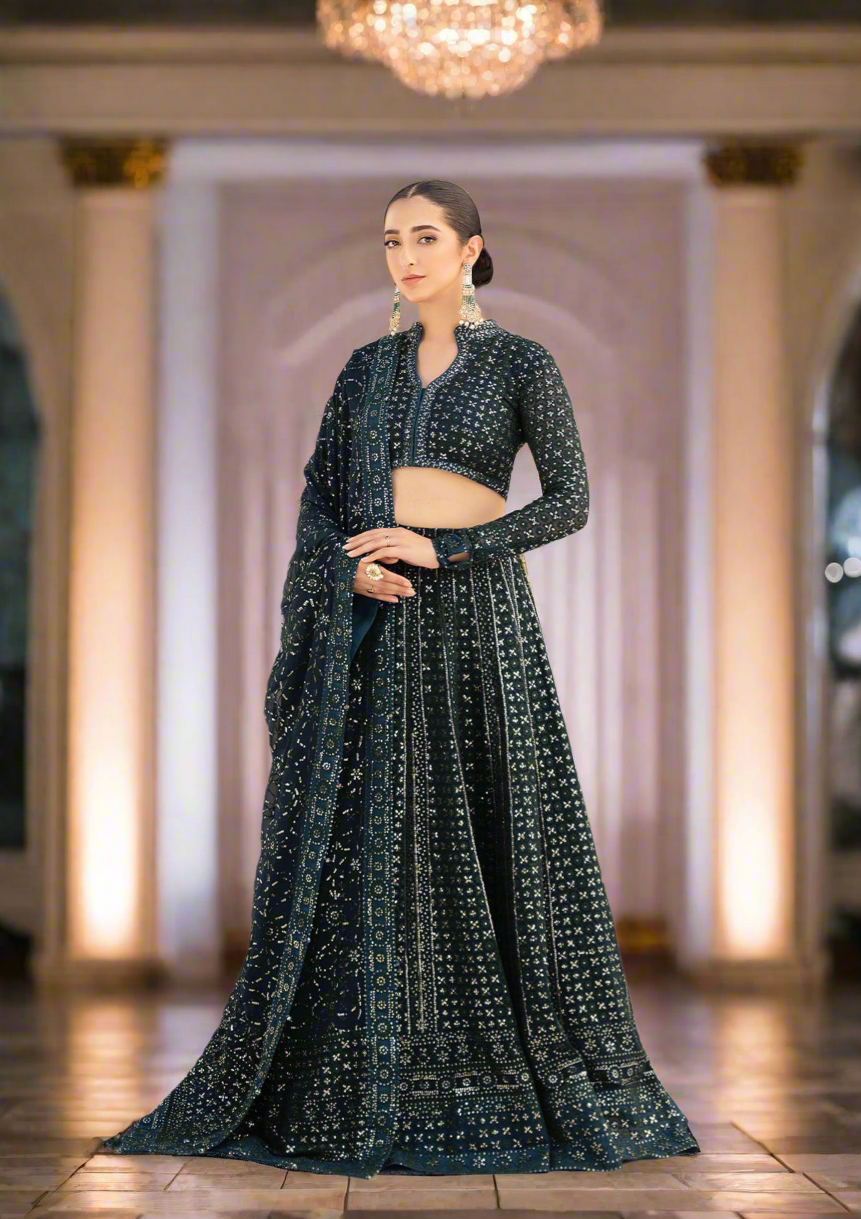 Unstitched '24 Vol. 1 - Look 01 Green Kalidaar Frock with Crushed Sharara Pants, Angrakha with Skirt For Formal Events - Pakistani Designer Wear for Women in UK | Kifat