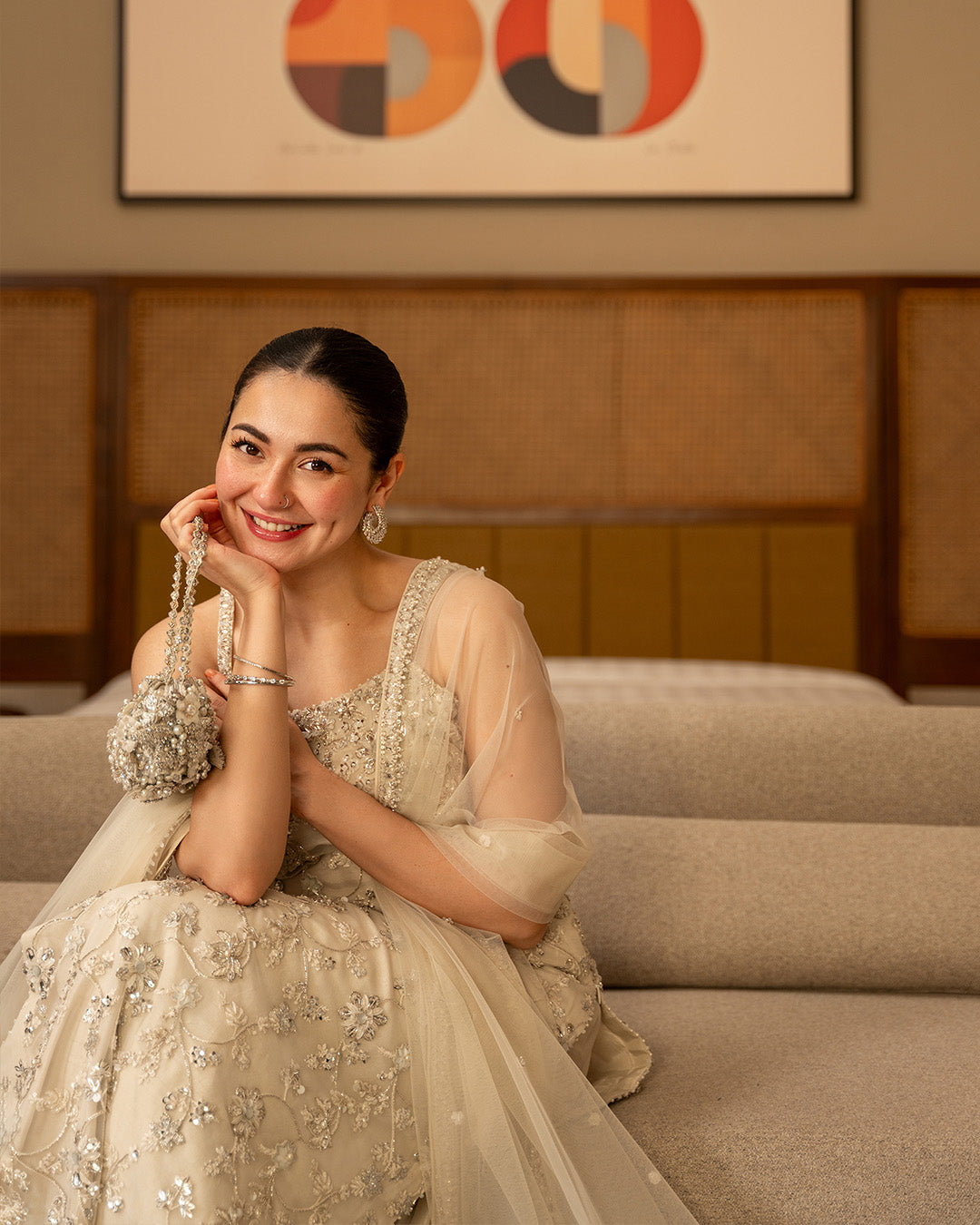 Model wearing Faiza Saqlain Penina Off-White Shirt with Culottes for Ladies wear - Pakistani Designer Wear for Women in UK | Kifat