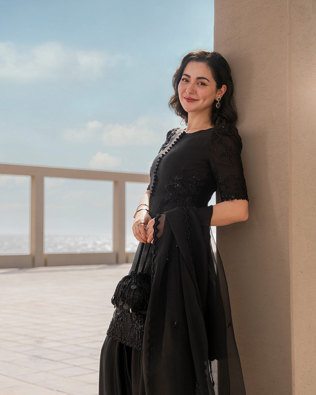 Model Wearing Faiza Saqlain Temirah Black Shirt with Shalwar for Ladies wear - Pakistani Designer Wear for Women in UK | Kifat