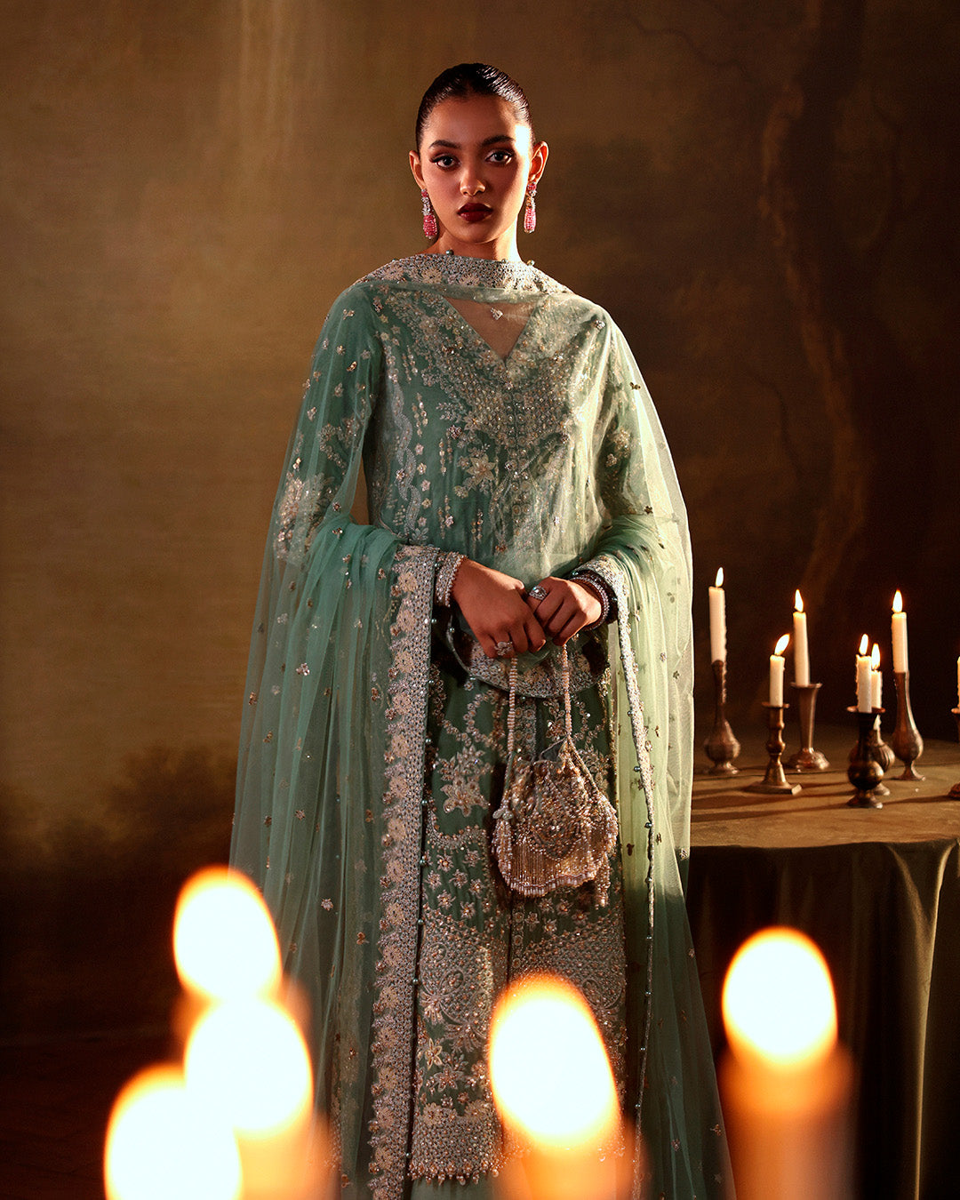 Model Wearing Faiza Saqlain Lexine Dusty Jade Shirt with Trouser for wedding wear - Pakistani Designer Wear for Women in UK | Kifat