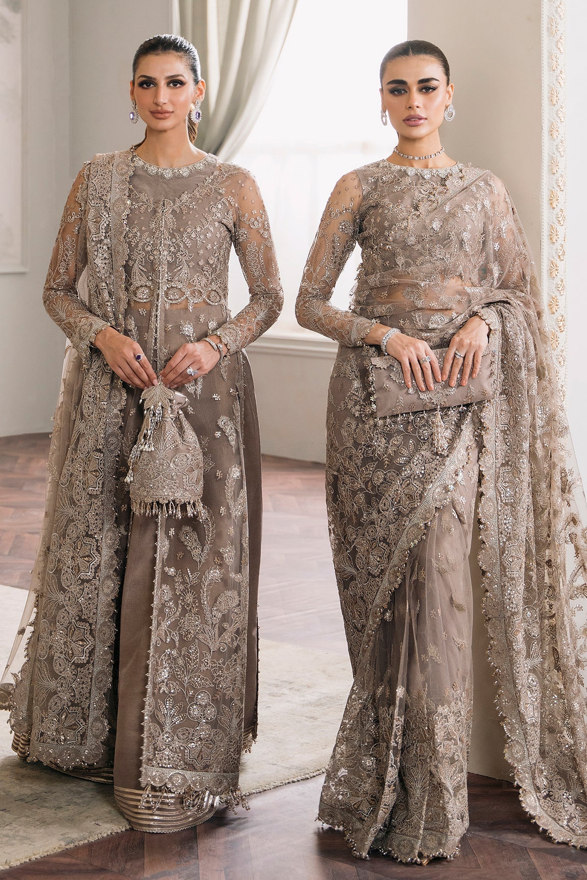 Baroque CH12-06 Beige Slit Maxi,Saree for Formal Events - Pakistani Designer Wear for Women in UK | Kifat