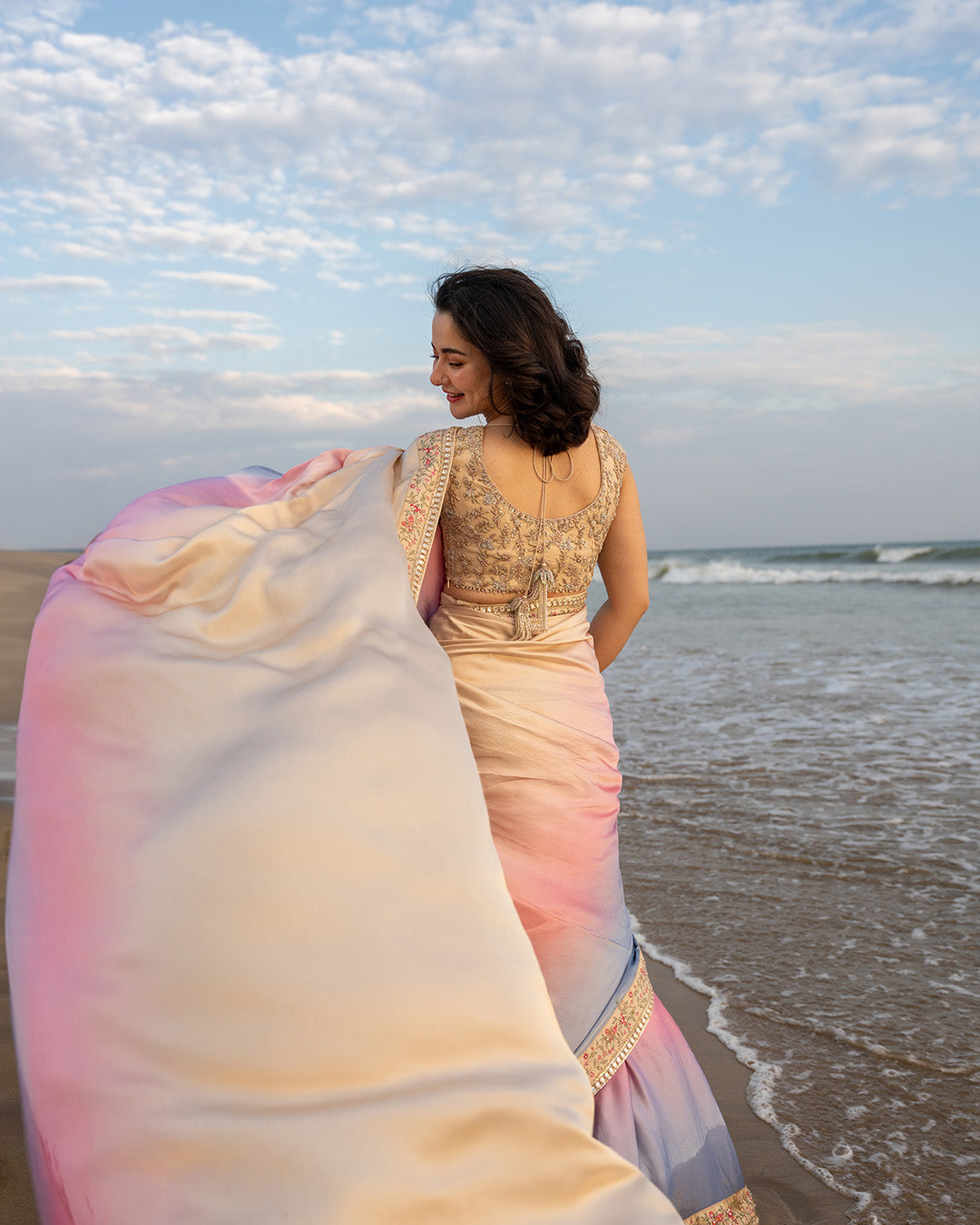 Model Wearing Faiza Saqlain Lena Cream and Ombre Saree for Ladies wear - Pakistani Designer Wear for Women in UK | Kifat