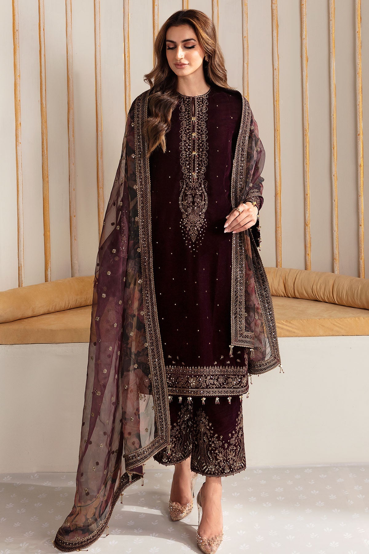 Women Wearing Embroidered Velvet Formal VF-2012 Maroon Long Shirt for Wedding Events - Pakistani Designer Wear for Women in UK | Kifat