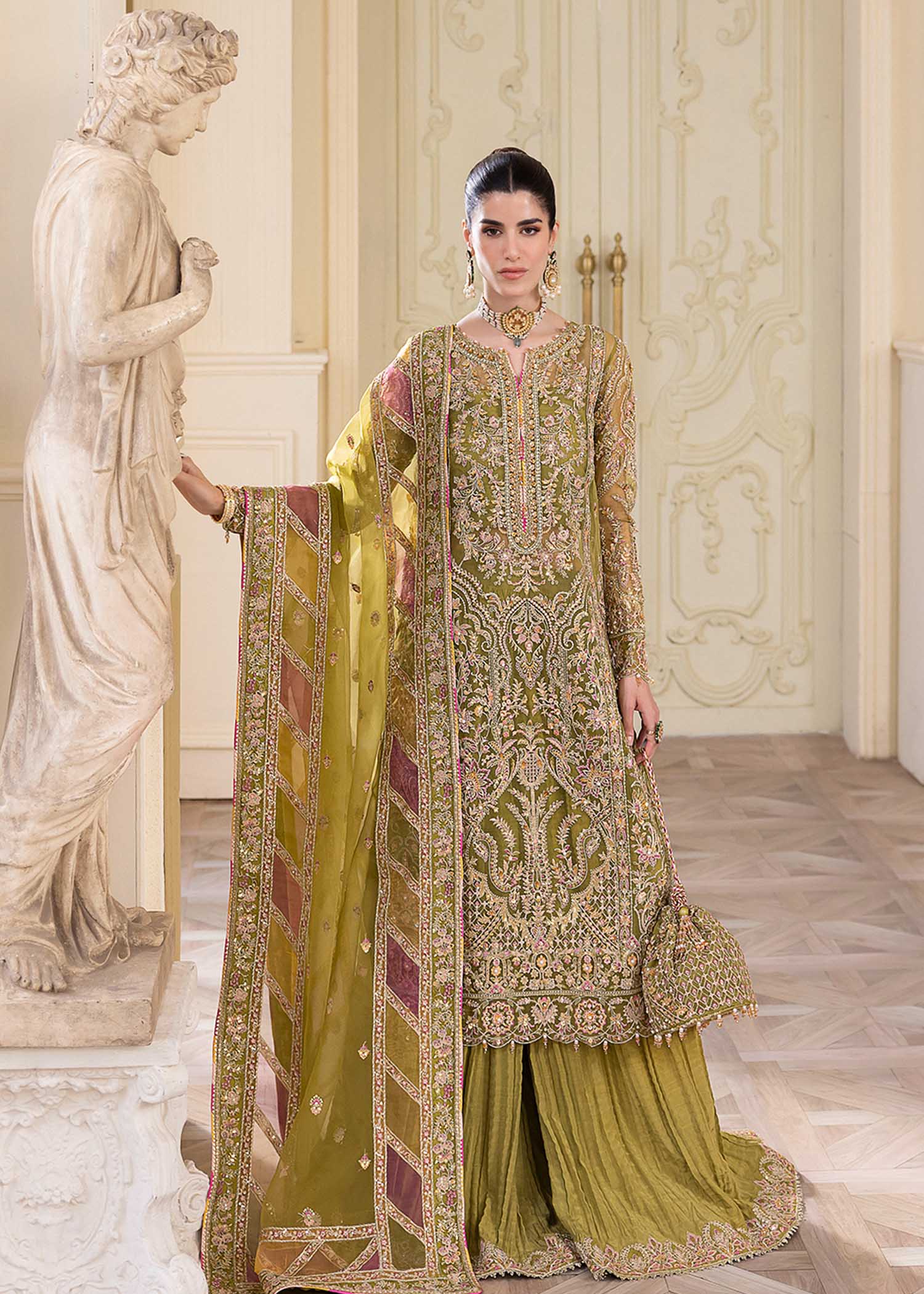 Kanwal Malik Olive Green Shirt with Crushed Pants for Luxury Wedding wear - Pakistani Designer Wear for Women in UK | Kifat