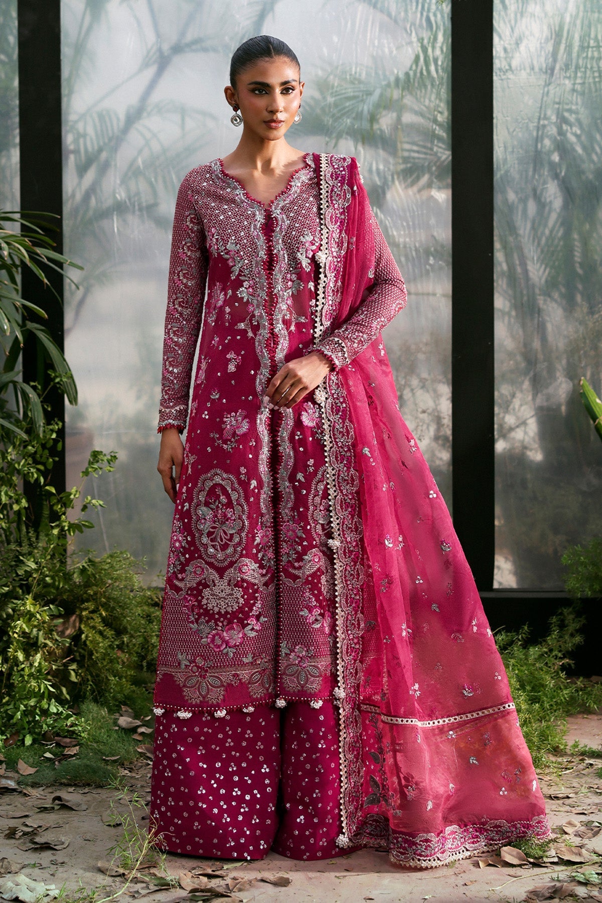 Women Wearing Rowan Pink Front Open Shirt With Sharara For Festive Events - Pakistani Designer Wear For Women In Uk | Kifat