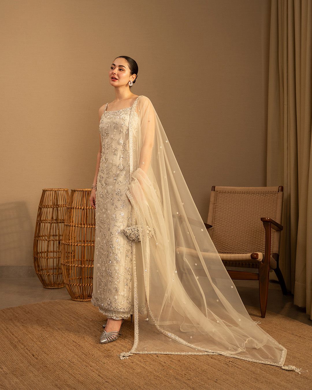 Model wearing Faiza Saqlain Penina Off-White Shirt with Culottes for Ladies wear - Pakistani Designer Wear for Women in UK | Kifat