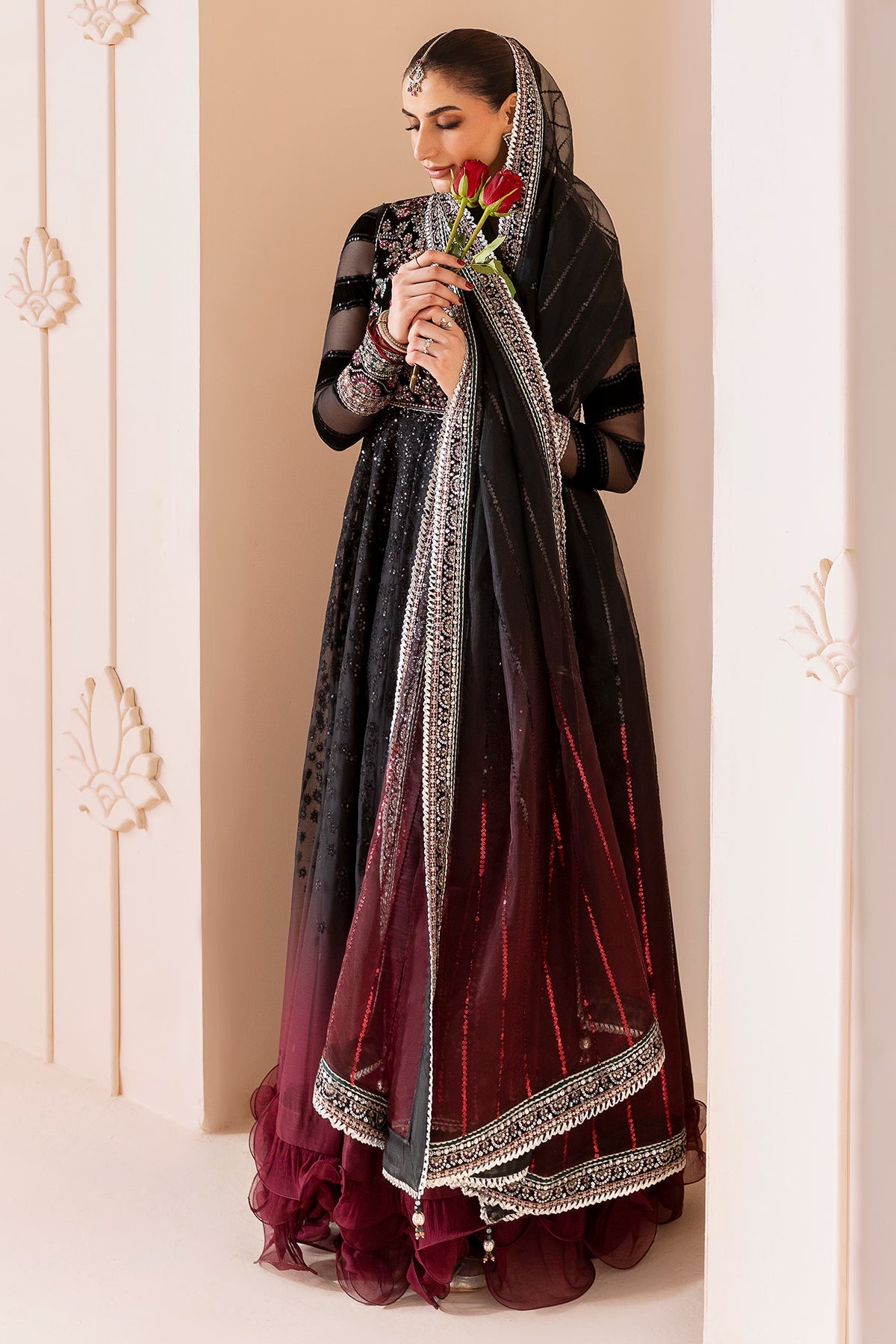 Women Wearing Embroidered Velvet Formal CVF D-10 Black Long Frock for Wedding Events - Pakistani Designer Wear for Women in UK | Kifat