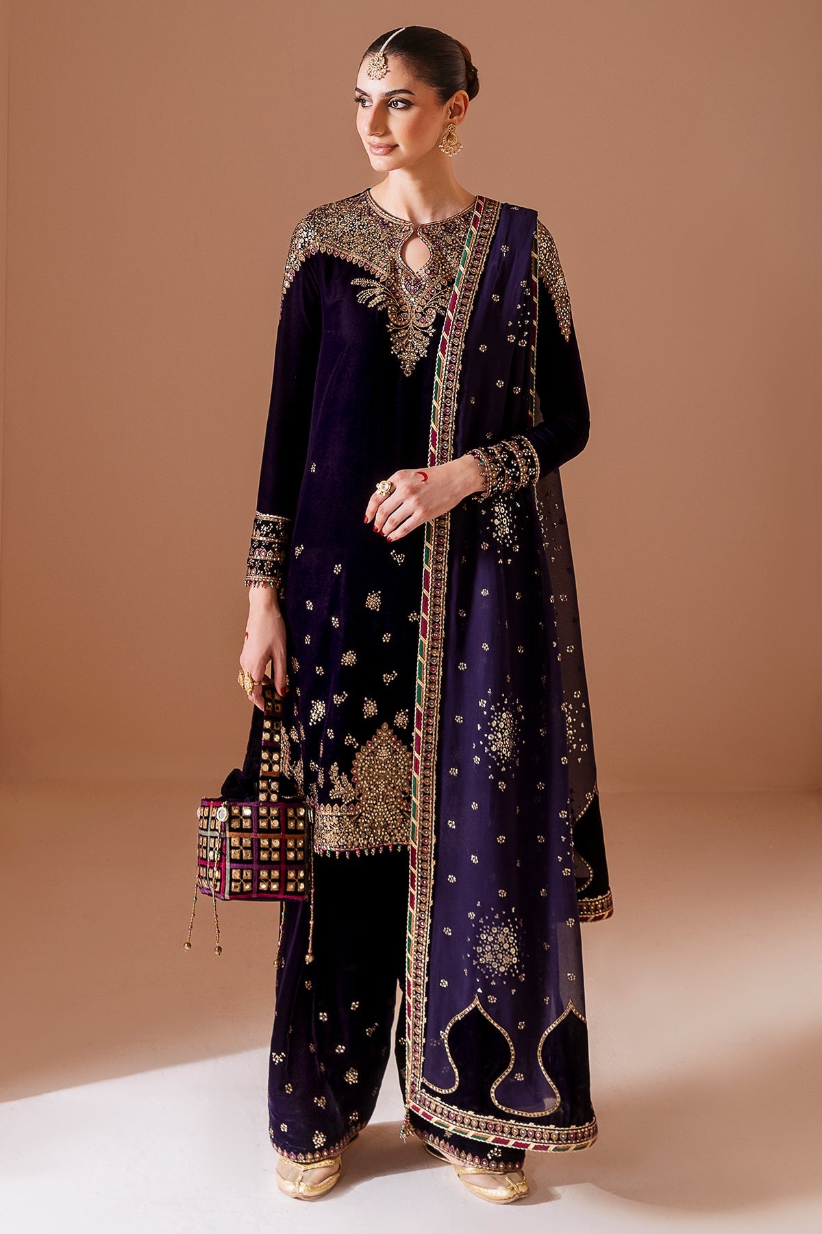 Women Wearing Embroidered Velvet Formal CVF D-08 Purple Shirt with Shalwar for Wedding Events - Pakistani Designer Wear for Women in UK | Kifat