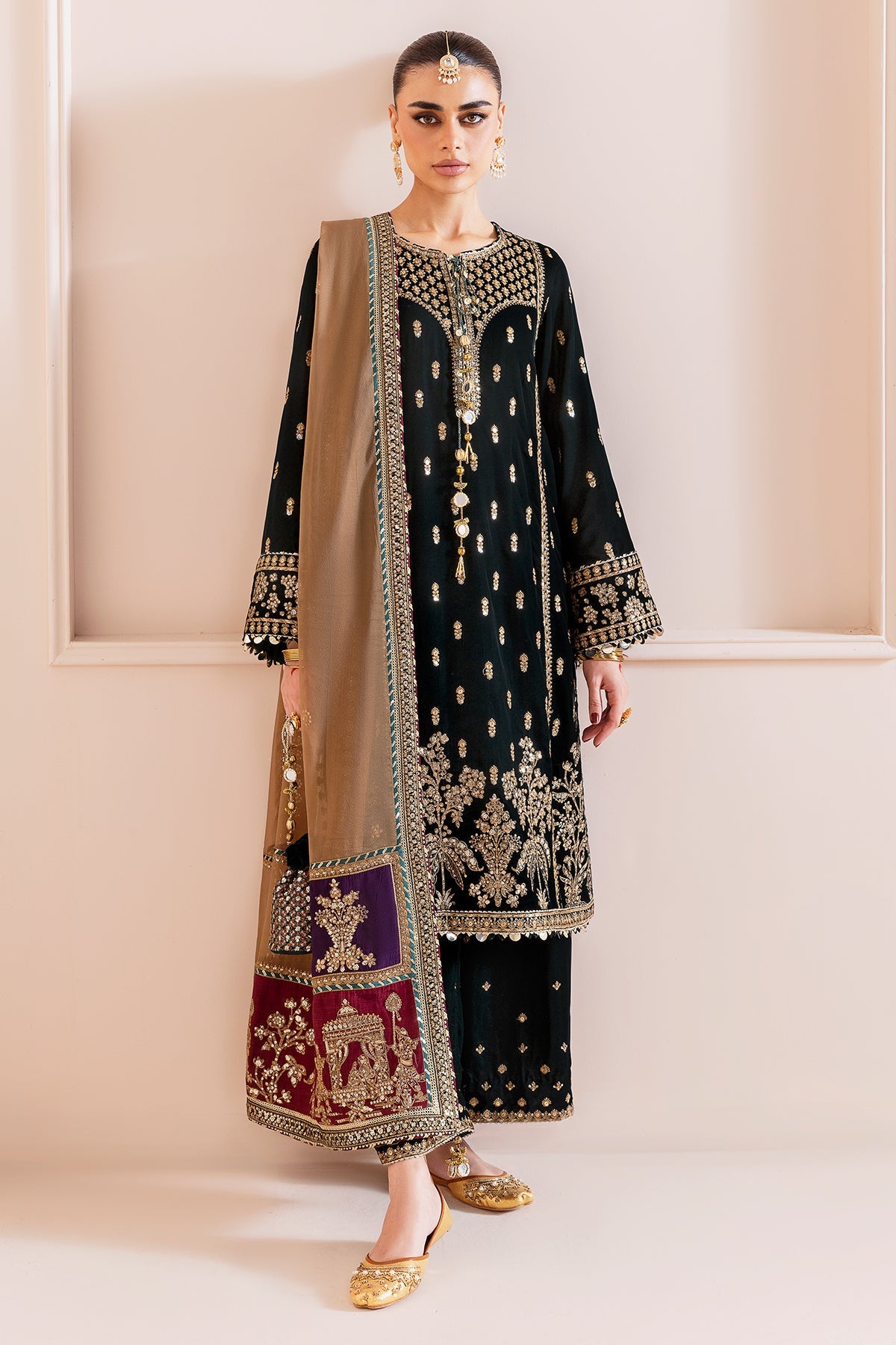 Women Wearing Embroidered Velvet Formal CVF D-01 Green Long Shirt for Wedding Events - Pakistani Designer Wear for Women in UK | Kifat