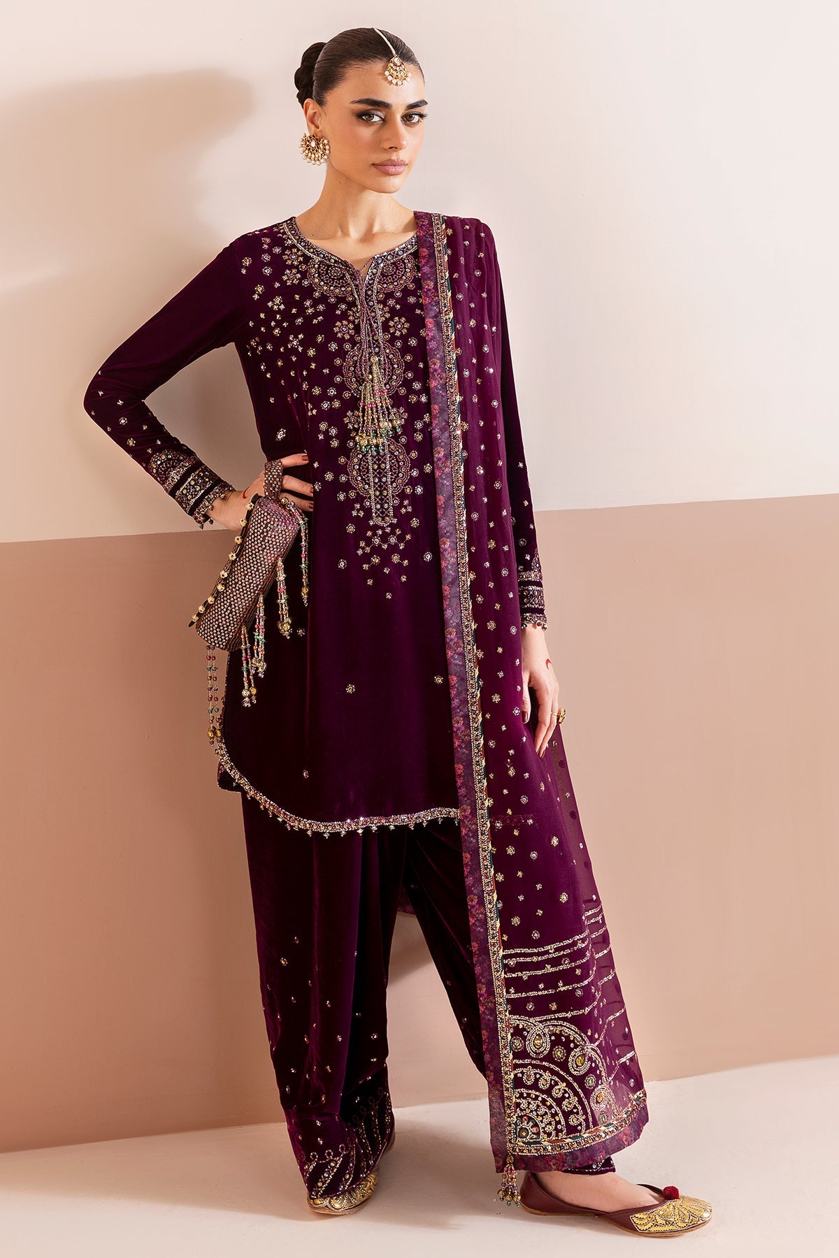 Women Wearing Embroidered Velvet Formal CVF D-05 Purple Short shirt with Shalwar for Wedding Events - Pakistani Designer Wear for Women in UK | Kifat