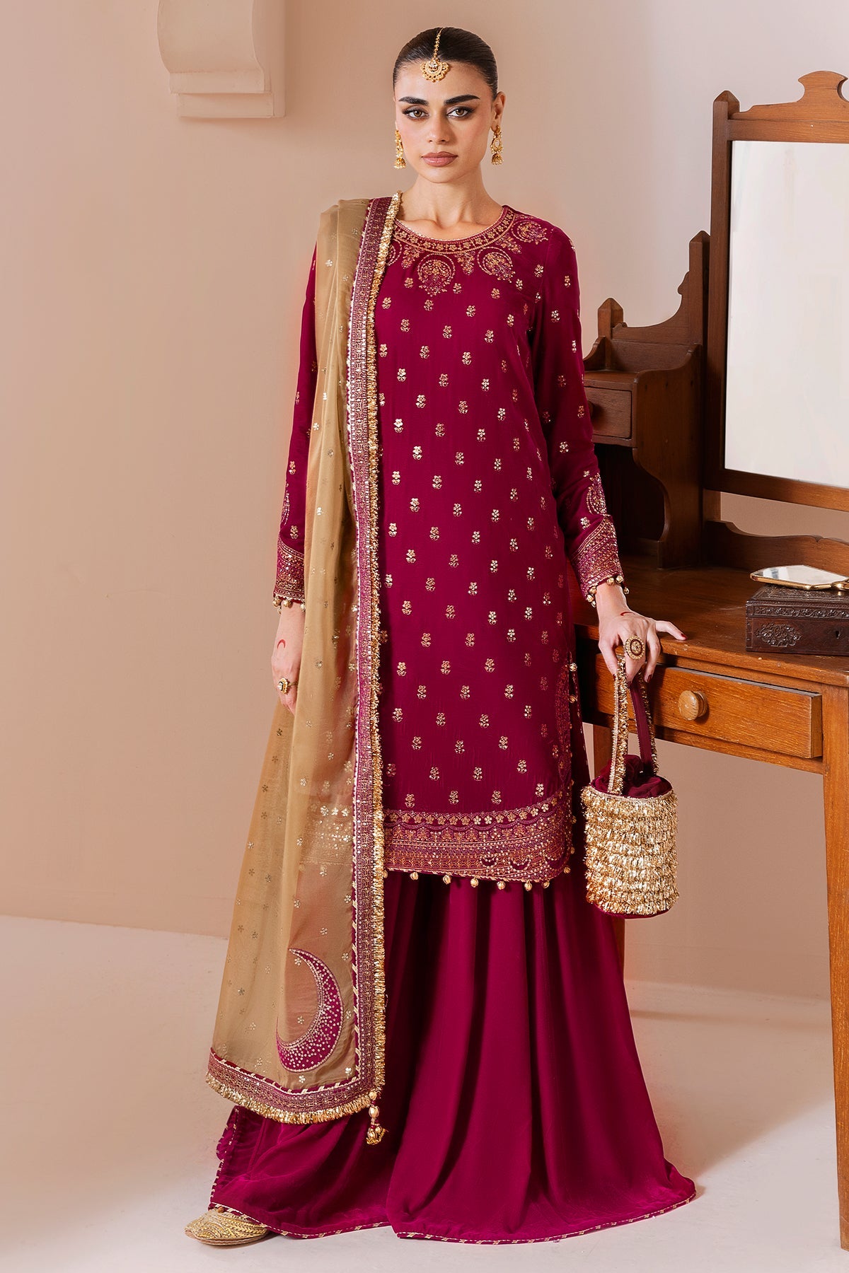 Women Wearing Embroidered Velvet Formal CVF D-11 Pink Shirt with Sharara for Wedding Events - Pakistani Designer Wear for Women in UK | Kifat