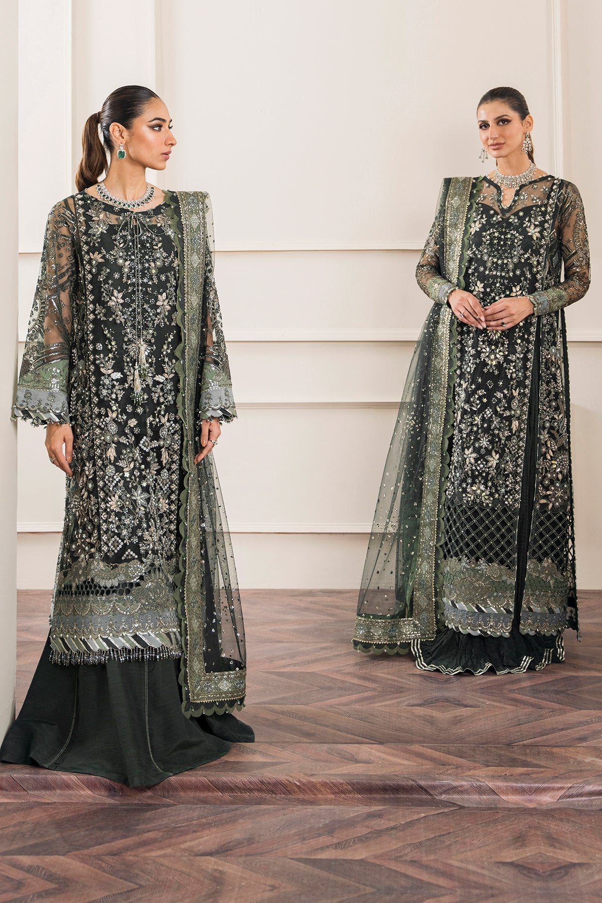 Baroque CH12-05 Green Long Shirt with Sharara,Slit Shirt with Crushed Sharara for Formal Events - Pakistani Designer Wear for Women in UK | Kifat