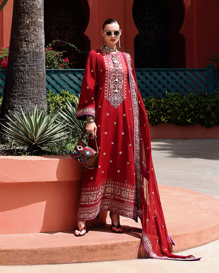 Women Wearing Agatha Brick Red Long Shirt for Festive Events - Pakistani Designer Wear for Women in UK | Kifat