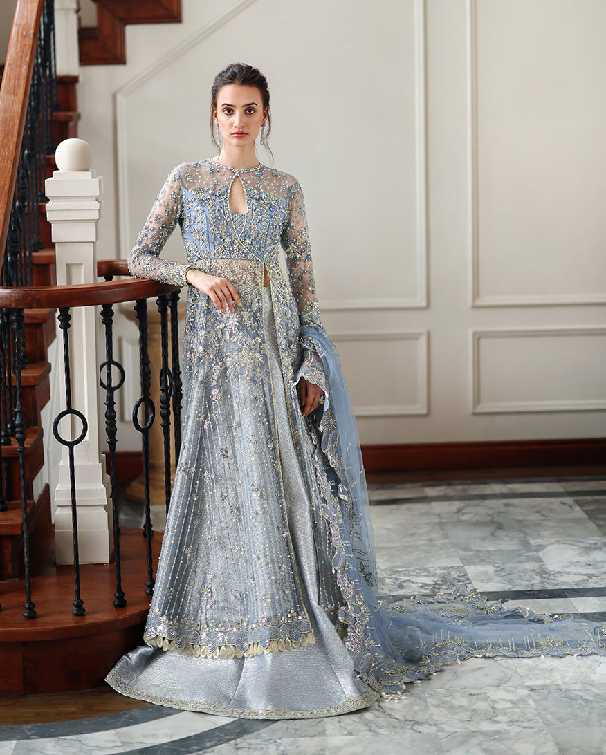 Women Wearing Anastassia Ice Blue Front Open Long Shirt with Sharara for Wedding Events - Pakistani Designer Wear for Women in UK | Kifat