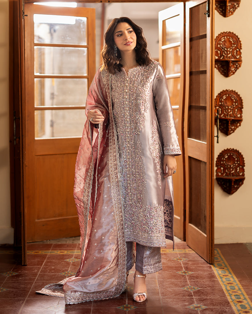 Women Wearing Anoushay Mauve Pink Long Shirt for Formal Events - Pakistani Designer Wear for Women in UK | Kifat