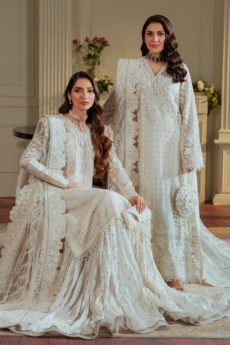 Baroque CHIFFON CH13-02 White Long Shirt with Pant,Short Shirt with Sharara for Formal Events - Pakistani Designer Wear for Women in UK | Kifat