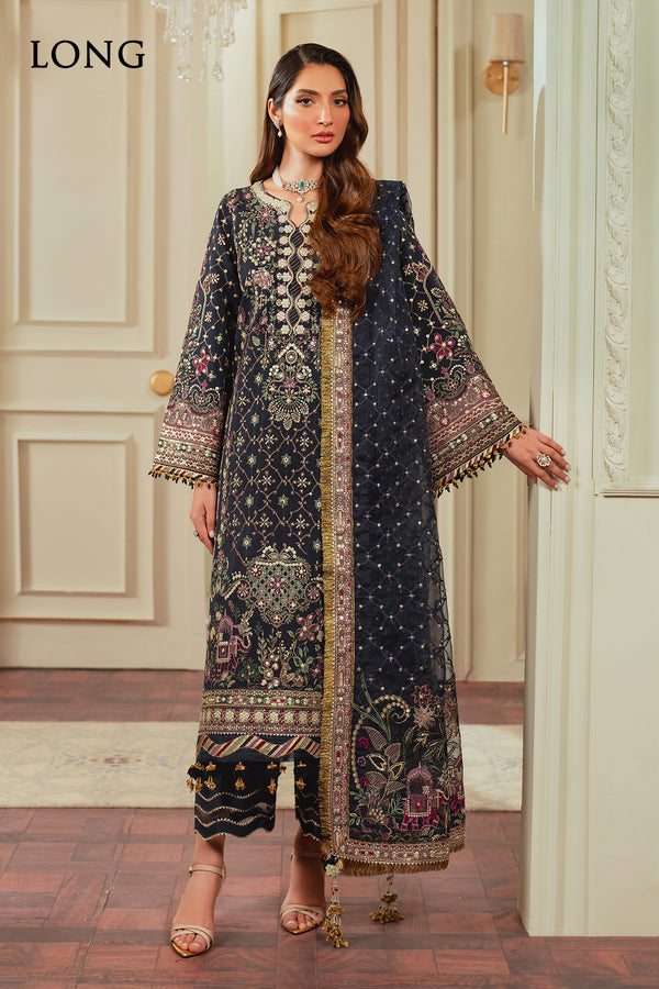 Baroque SILK CH13-07 Midnight Blue Long Shirt with Trouser,Short Shirt with Shalwar for Formal Events - Pakistani Designer Wear for Women in UK | Kifat